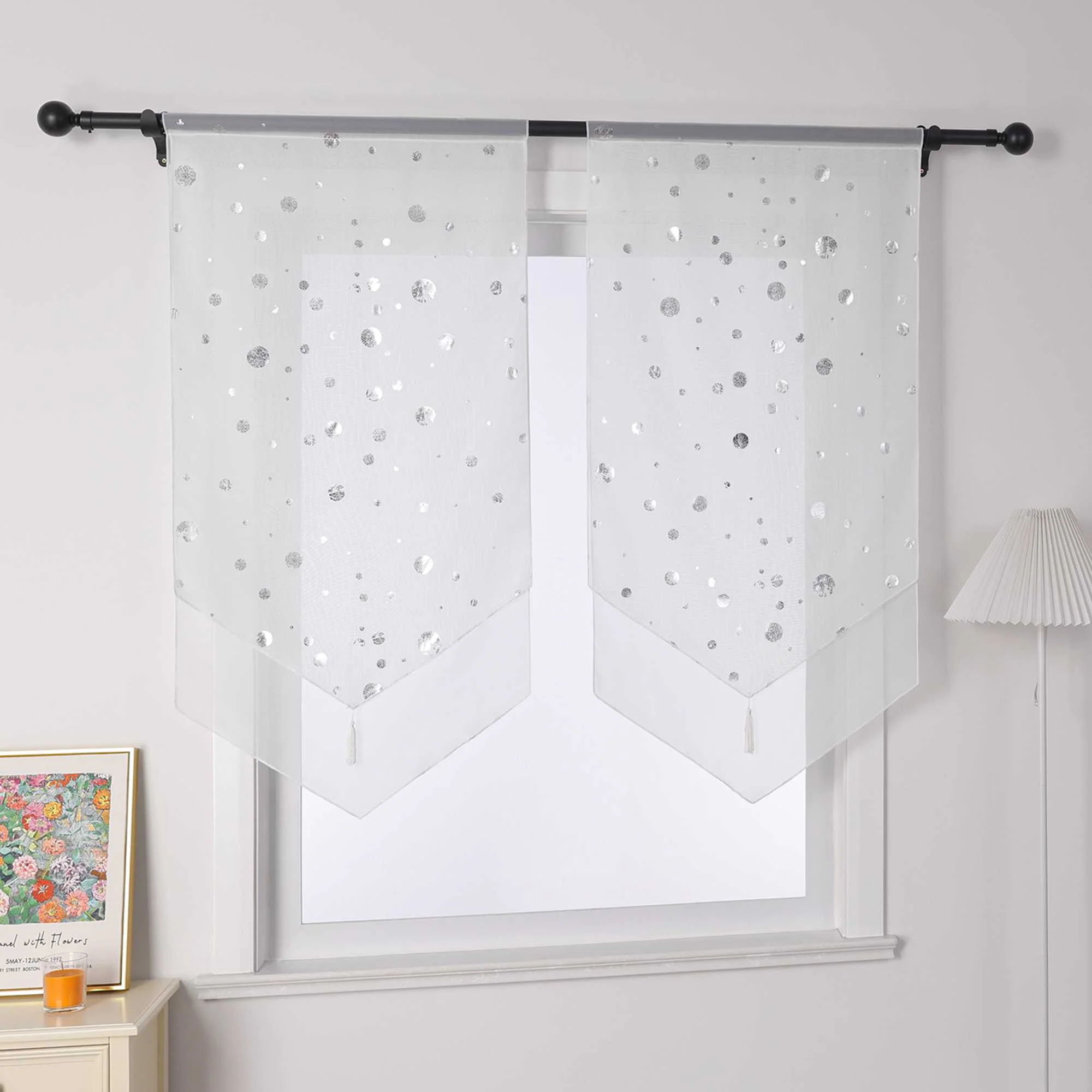 Scheibengardine Bistrogardine mit Glänz Kreise Voile Küche Gardinen durch Stangendurchzug Transparent 1 Stück