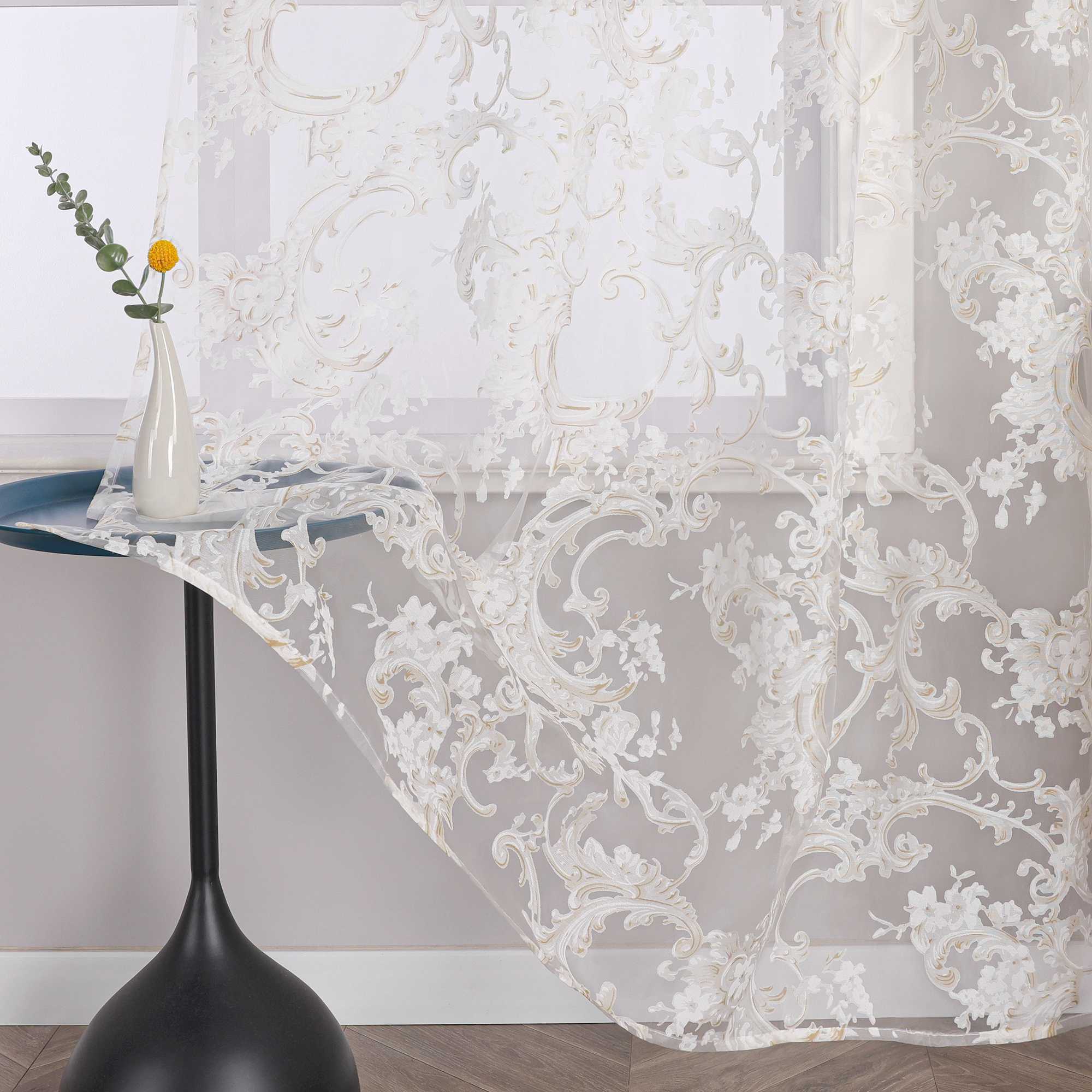 Eleganter Ösenschal mit Phönixblütenmuster | Transparente Voile Gardine für Schlafzimmer und Wohnzimmer