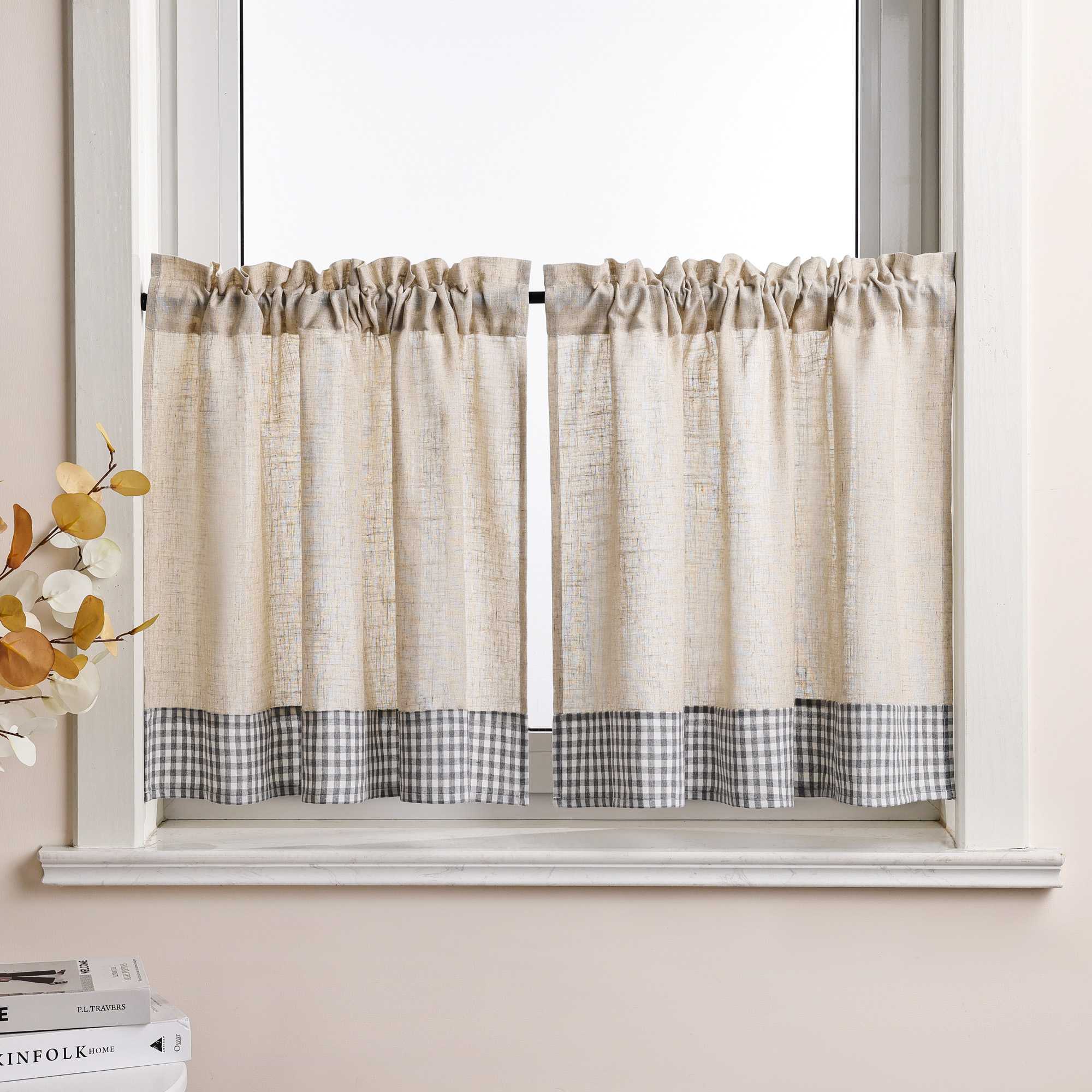 Scheibengardine Kräuselbandgardine unten mit blauem Karomuster aus Leinenimitat halbtransparent 2er Set