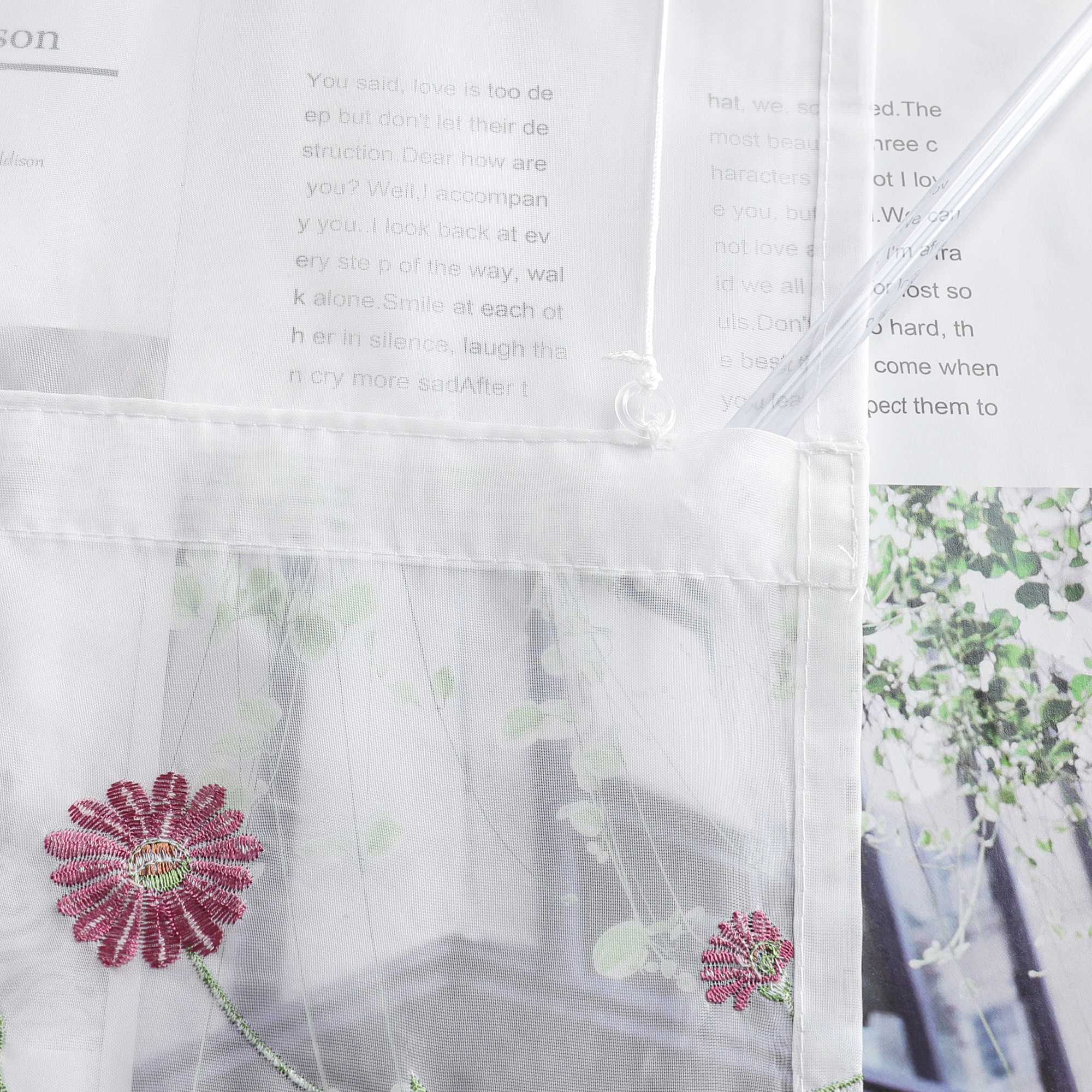 Raffrollo Voile Raffgardinen mit Schlaufen Küche Fenster Vorhänge mit Blumenmuster Stickerei Transparent Weiß 1 Stück