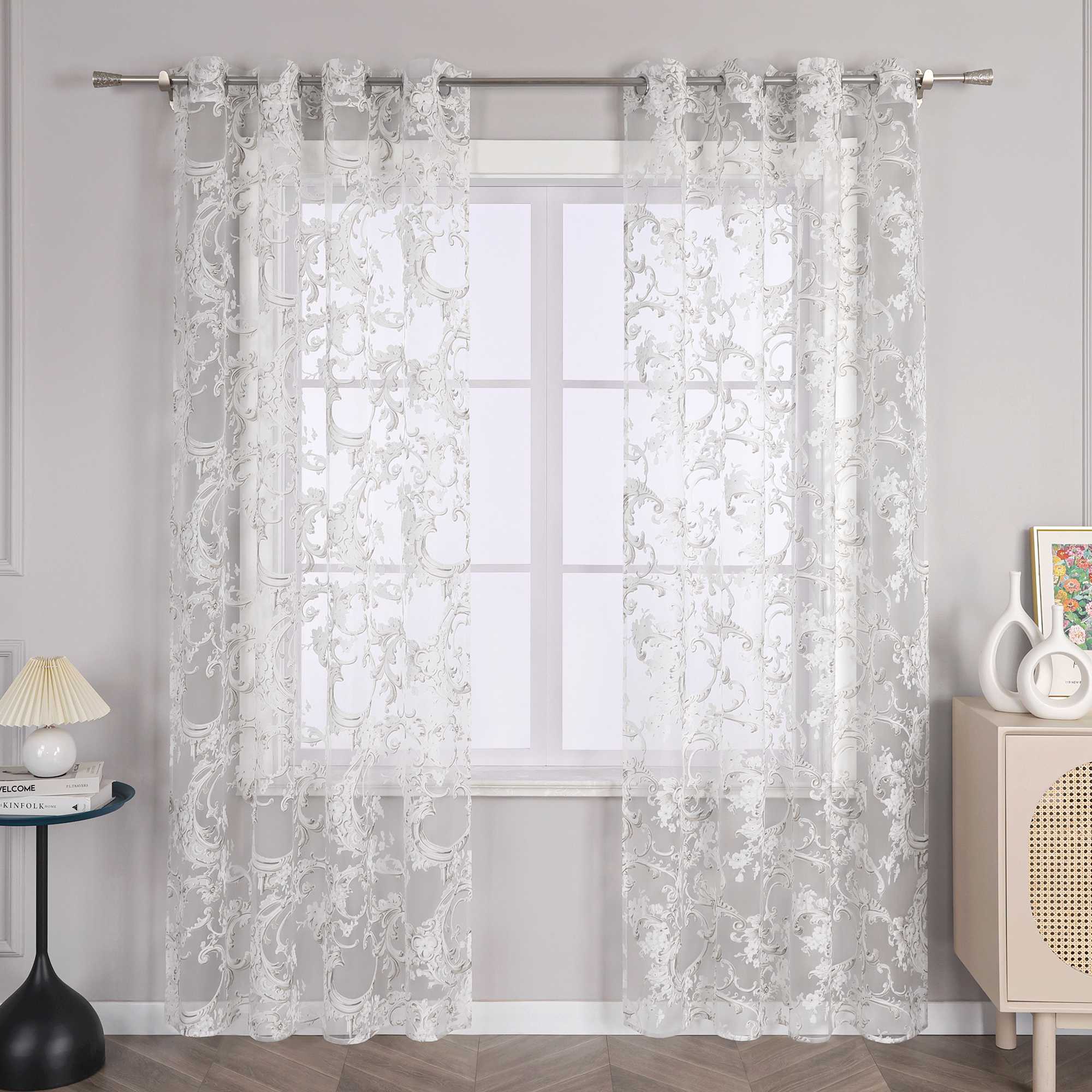 Eleganter Ösenschal mit Phönixblütenmuster | Transparente Voile Gardine für Schlafzimmer und Wohnzimmer