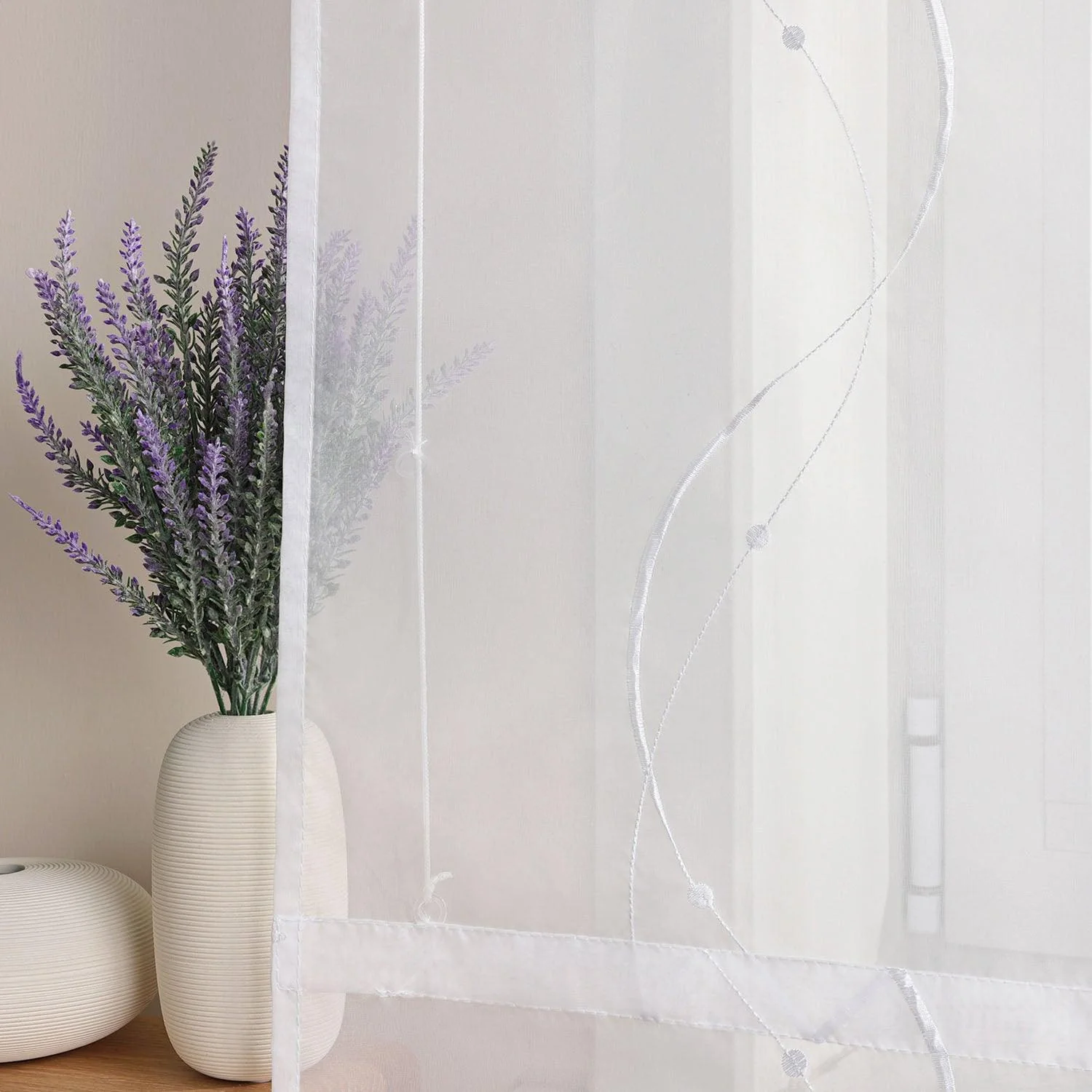 Raffrollo mit Klettband Küche Gardinen Raffgardinen Voile Bändchenrollo mit Wellenperlenmuster Stickerei Transparent 1 Stück