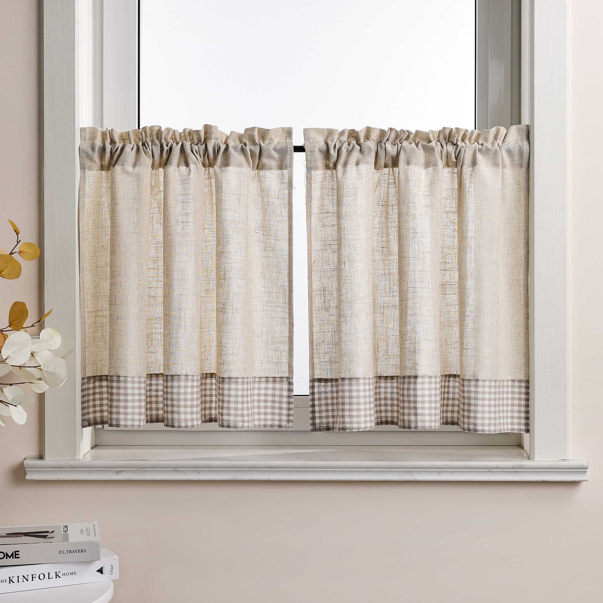 Scheibengardine Kräuselbandgardine unten mit blauem Karomuster aus Leinenimitat halbtransparent 2er Set