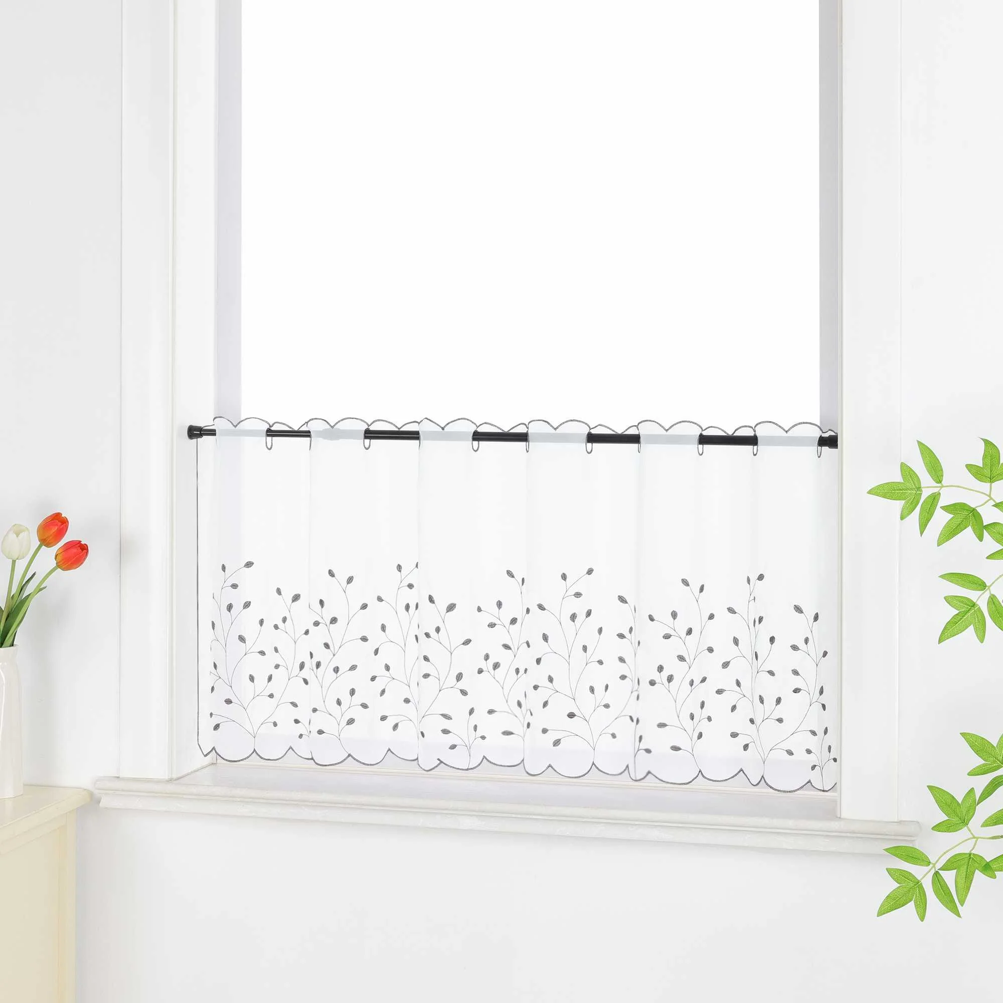 Scheibengardine mit Blumenstickerei Modern Voile Bistrogardine mit Lochleiste Unifarbige Kurzstores Landhausstil Transparent 1 Stück