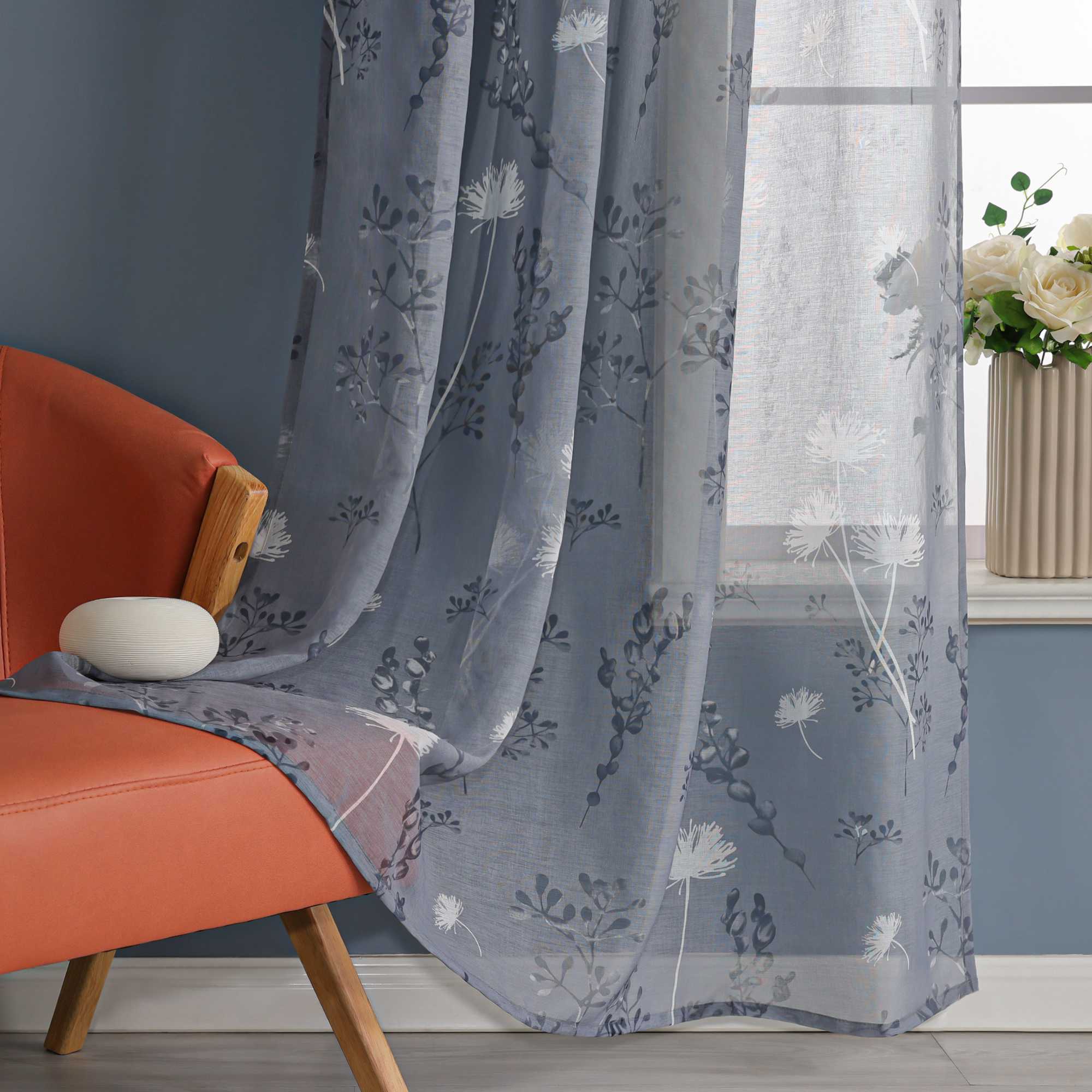 Vorhang mit Schlaufen modern Voile Gardine mit botanischen Mustern Vorhänge Transparent Schlafzimmer Wohnzimmer 1 Stück