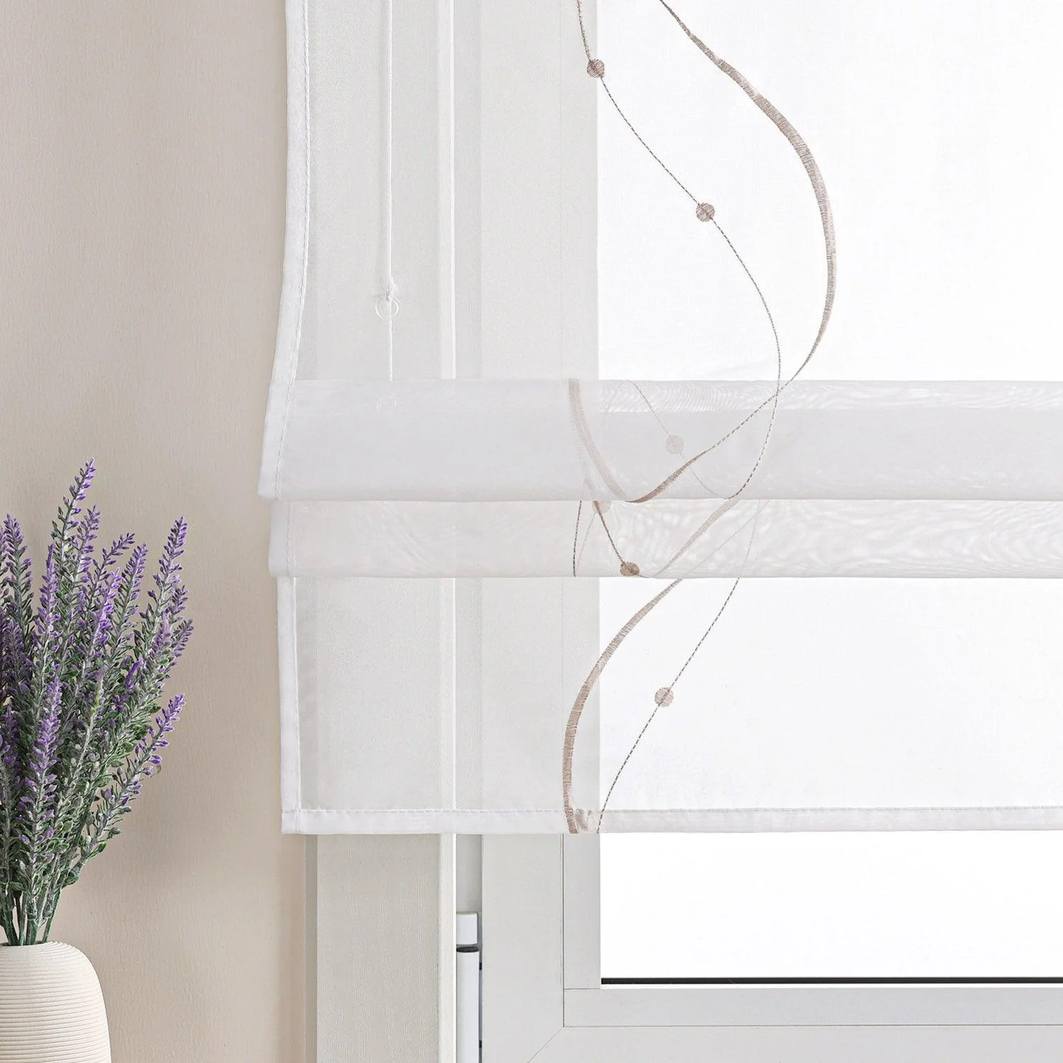 Raffrollo mit Klettband Küche Gardinen Raffgardinen Voile Bändchenrollo mit Wellenperlenmuster Stickerei Transparent 1 Stück