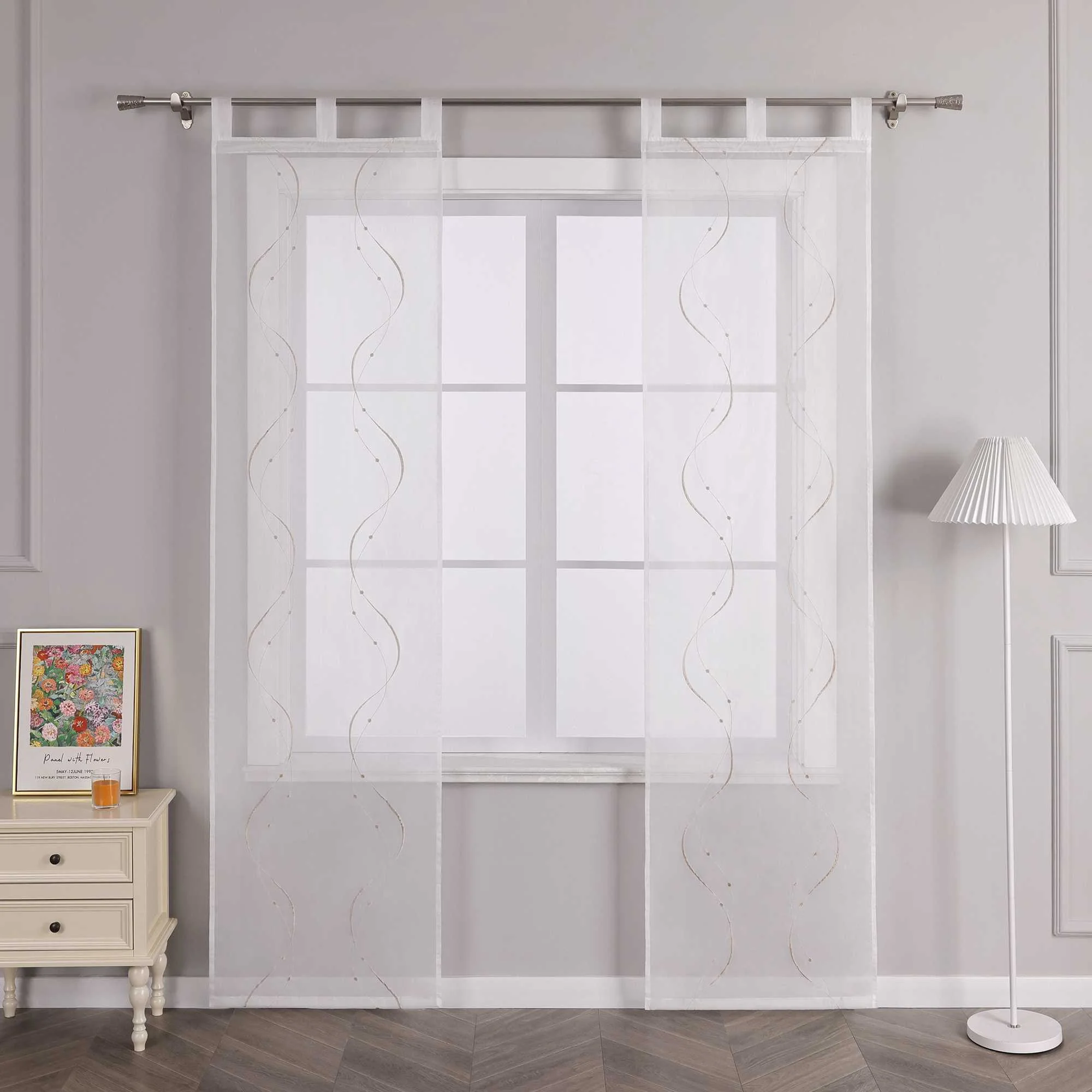 Schiebegardinen mit Schlaufen 2er Flächenvorhänge Schiebevorhang mit Wellenperlenmuster Stickerei Transparent