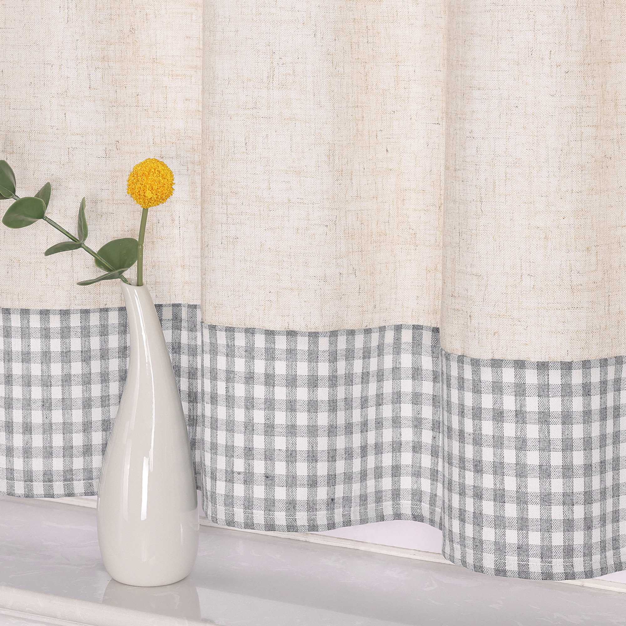 Scheibengardine mit Schlaufen karierte Bistrogardinen Leinen Küche Vorhang Halbtransparent