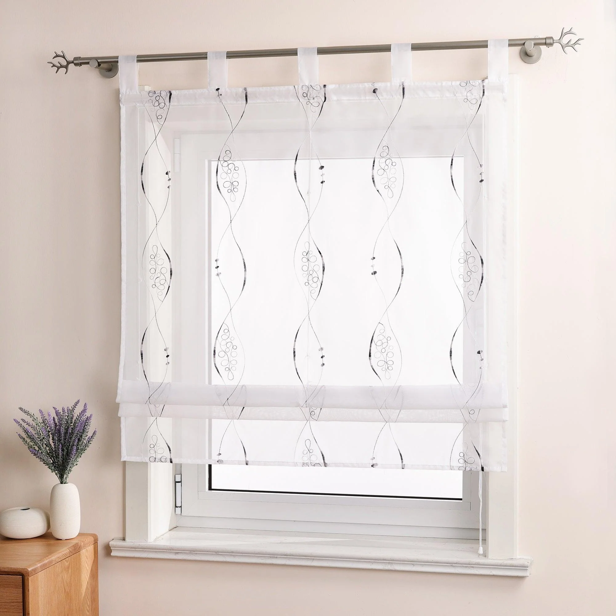 Raffrollo mit Schlaufen Voile Raffgardinen Modern Bestickt Vorhänge Bändchenrollo mit Linienmuster-Stickerei Transparent Weiß 1 Stück