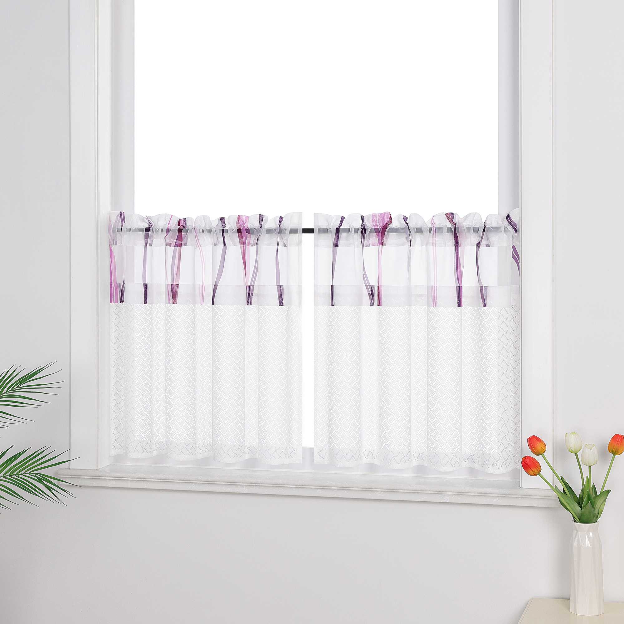 Scheibengardinen mit feinem Linienmuster transparent und luftig 2er Set | Perfekt für Küche