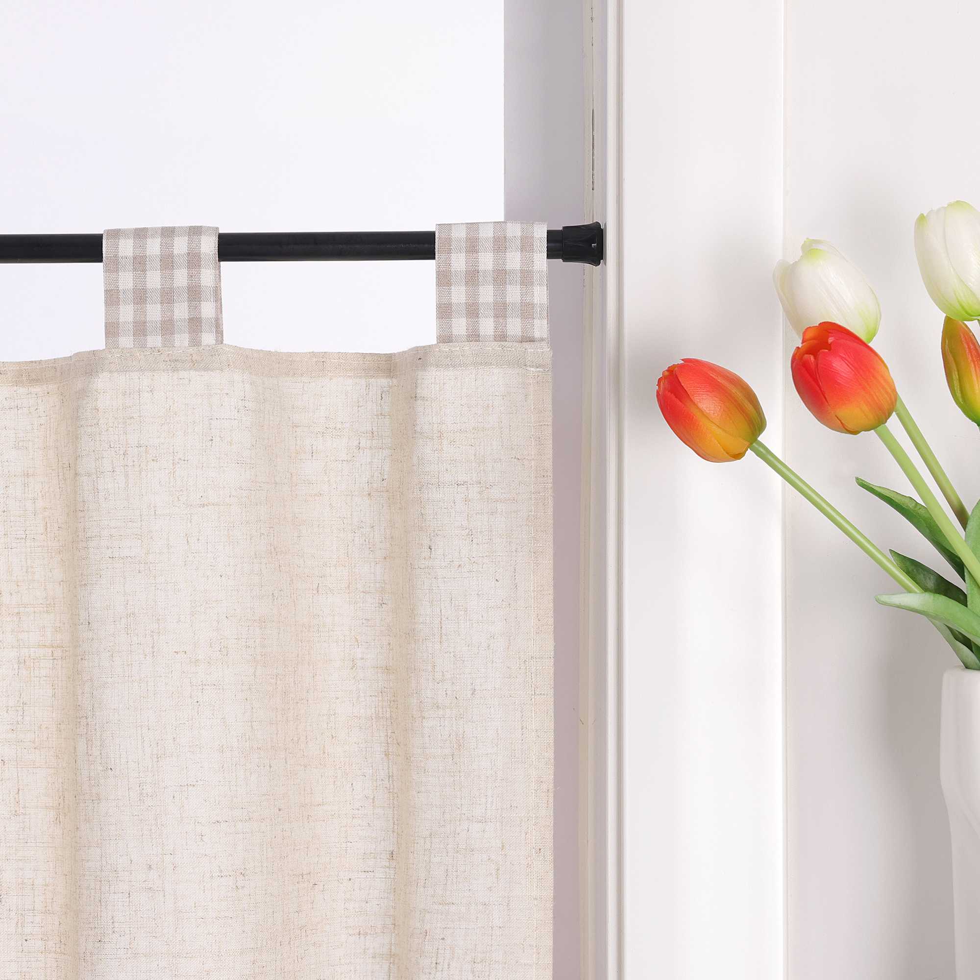 Scheibengardine mit Schlaufen karierte Bistrogardinen Leinen Küche Vorhang Halbtransparent