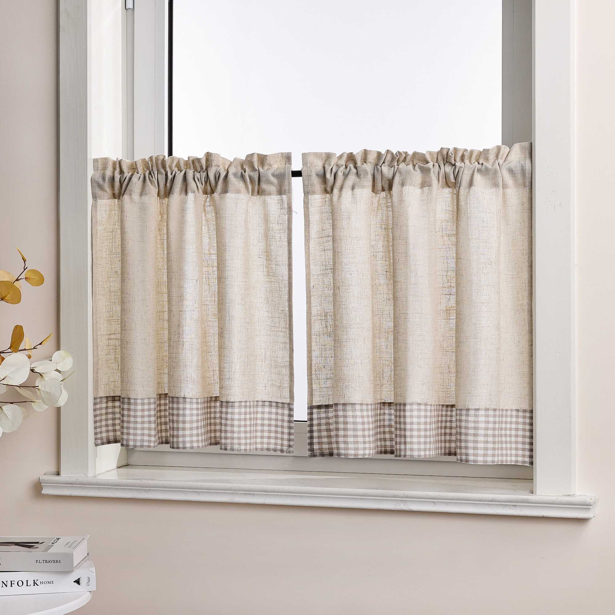 Scheibengardine Kräuselbandgardine unten mit blauem Karomuster aus Leinenimitat halbtransparent 2er Set