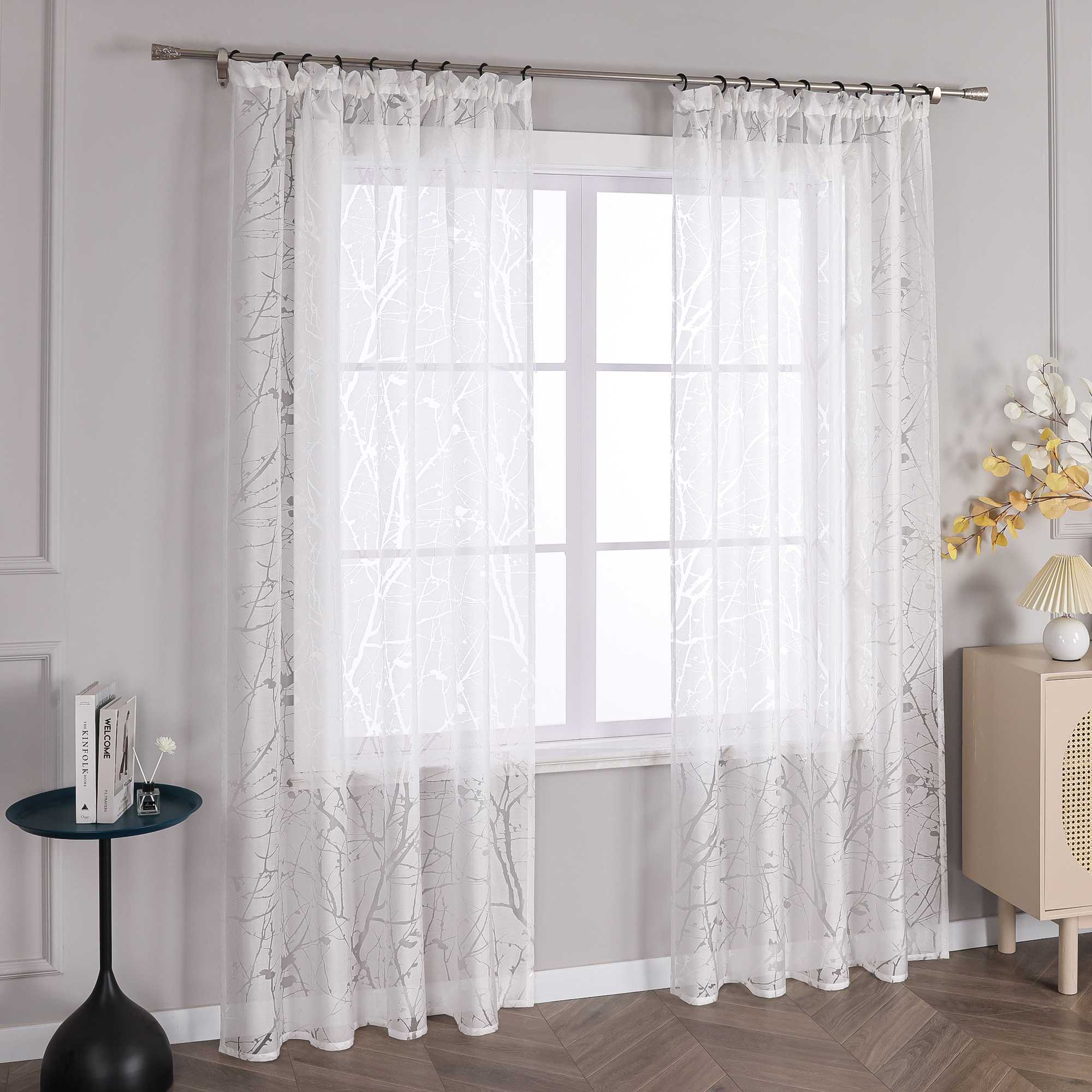 Transparente Vorhang mit Blumenmuster aus Polyester Lichtdurchlässig Wohnzimmer weiß 1 stück