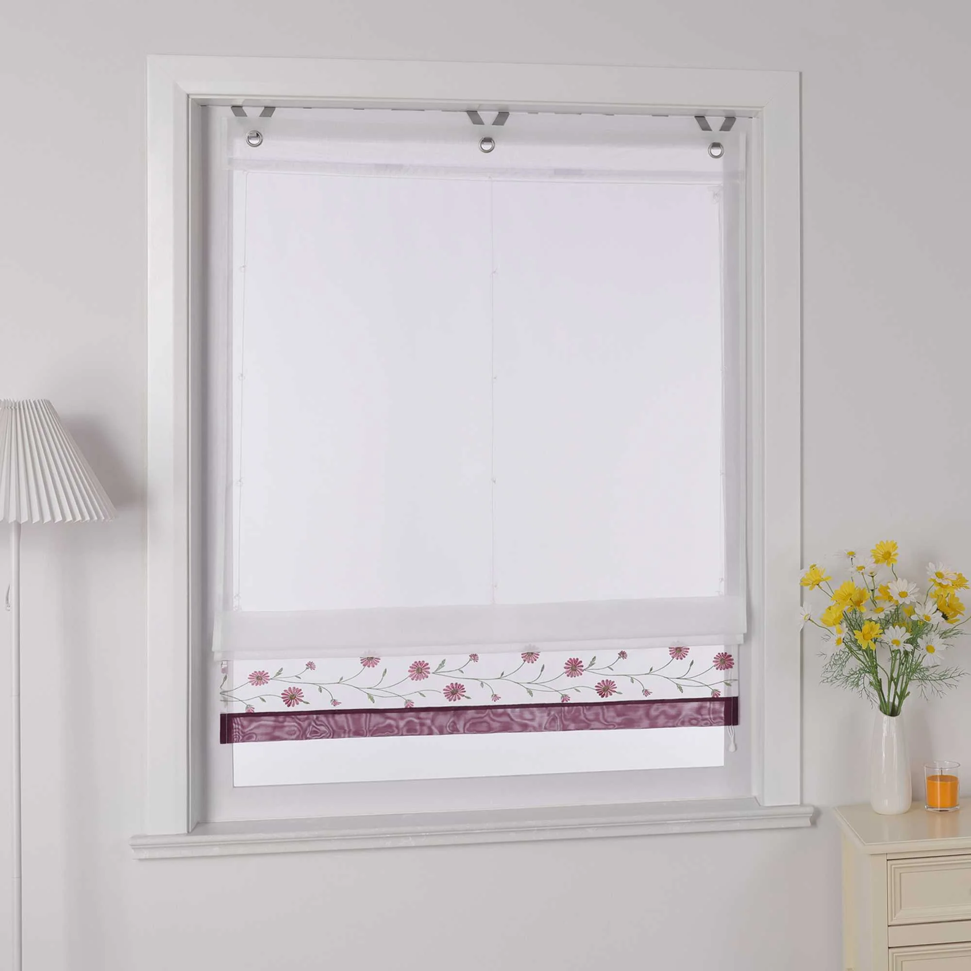 Raffrollo Voile Raffgardinen mit Schlaufen Küche Fenster Vorhänge mit Blumenmuster Stickerei Transparent Weiß 1 Stück