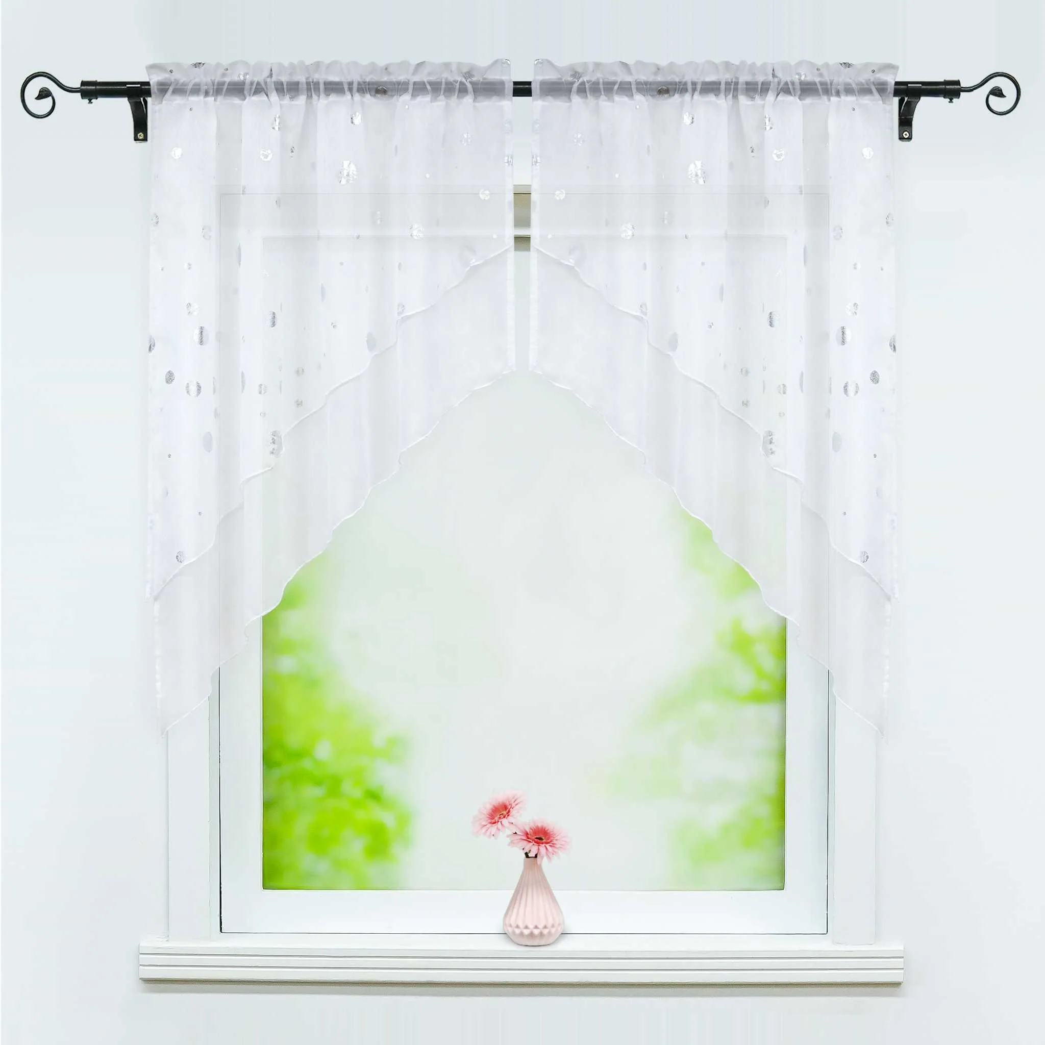 Scheibengardine 2-Teilige Doppelschichtige Küchengardinen Voile Bogen Kurzstores mit Glänz Kreise Tunnelzug