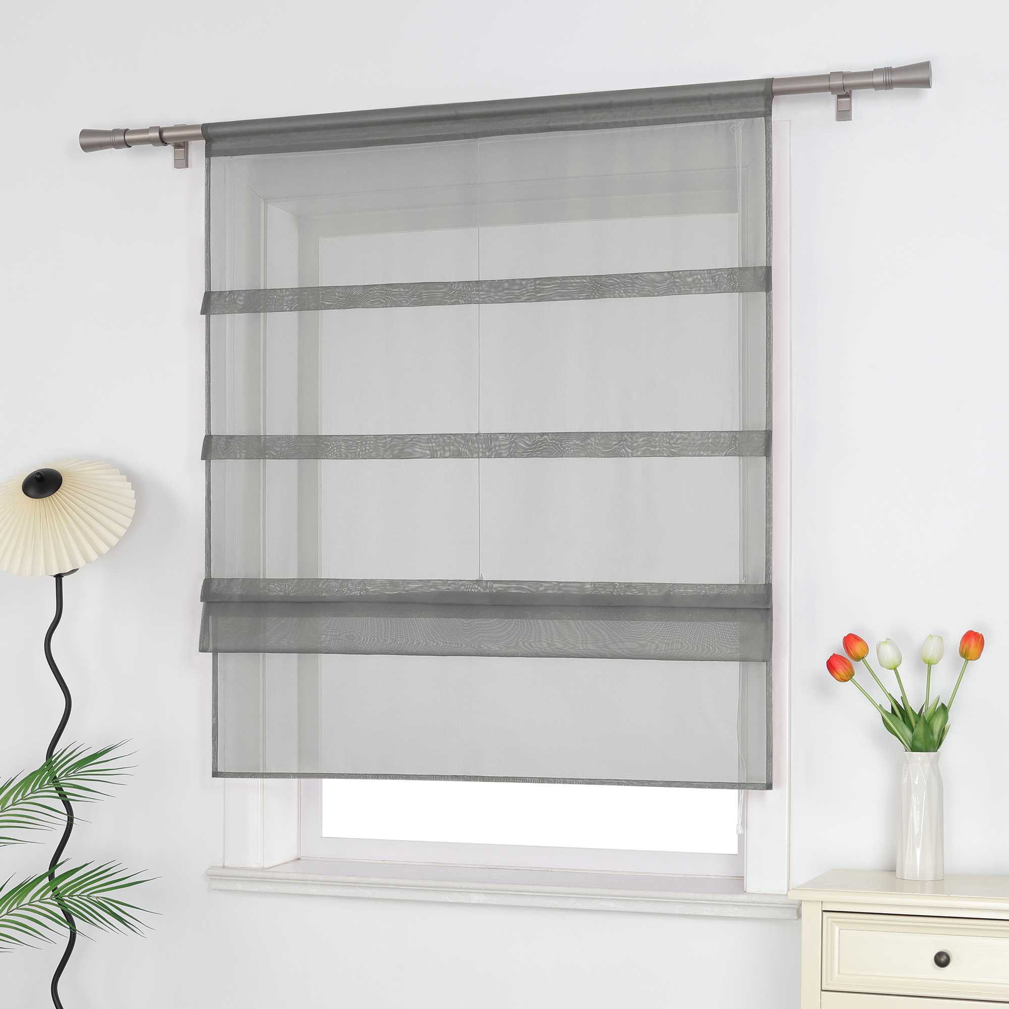 Raffrollo Voile Raffgardinen durch Tunnelzug Bändchenrollo Küche Gardinen Transparent Uni 1 Stück