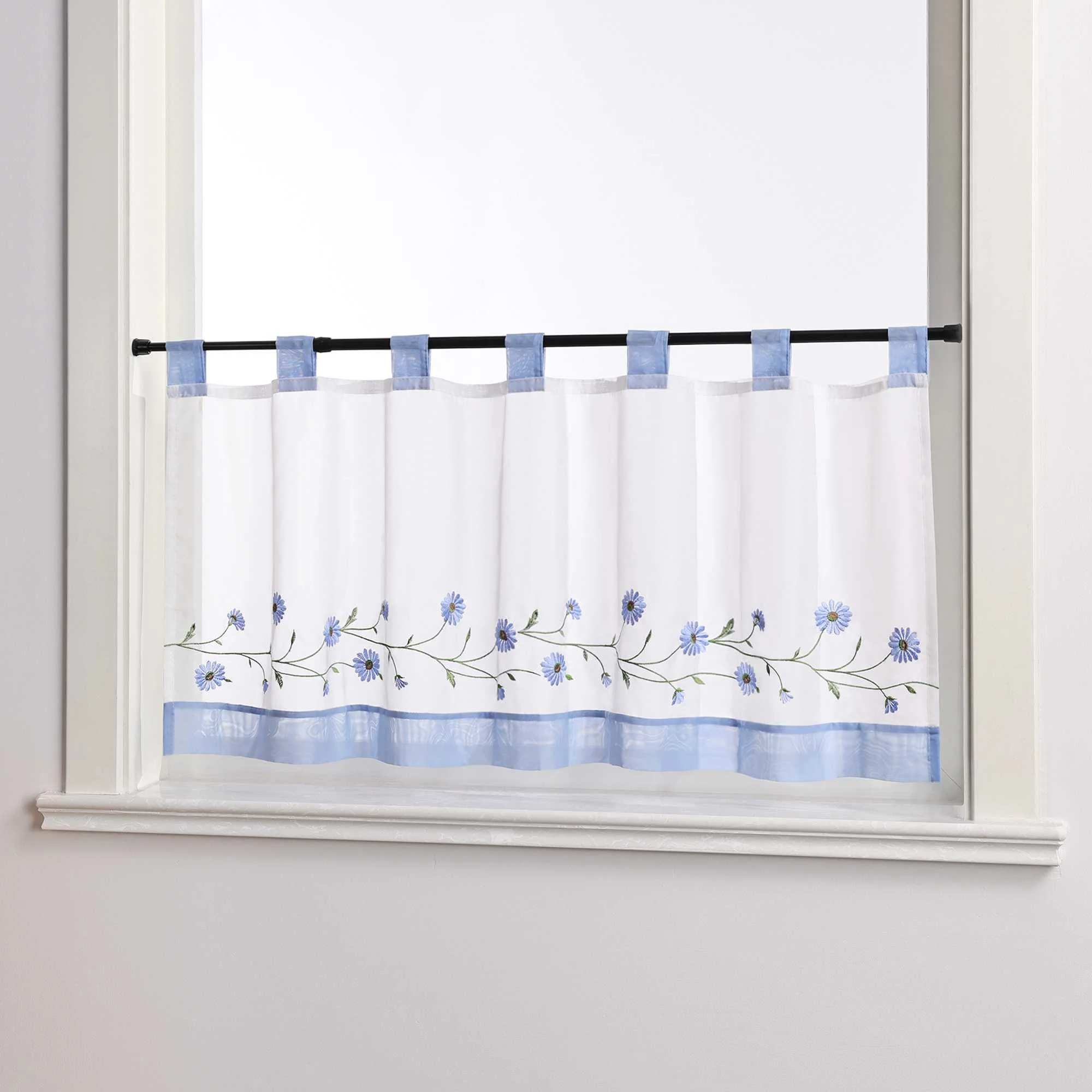 Scheibengardinen Bistrogardine Schlaufen Küche Gardinen Landhausstil Transparent Kurzstores mit kleiner Gänseblümchen-Stickerei