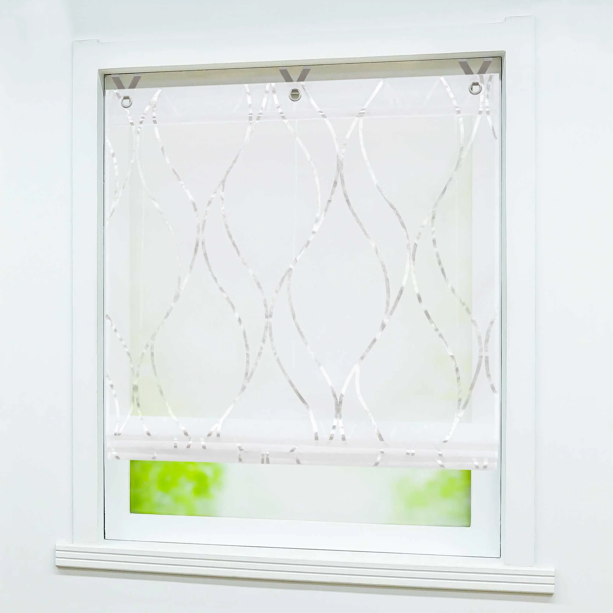 Rollos mit Ösen Gardinen Küche Raffgardinen Transparent Ösenrollo Vorhänge Mit Wellen-Druck Modern Voile 1 Stück