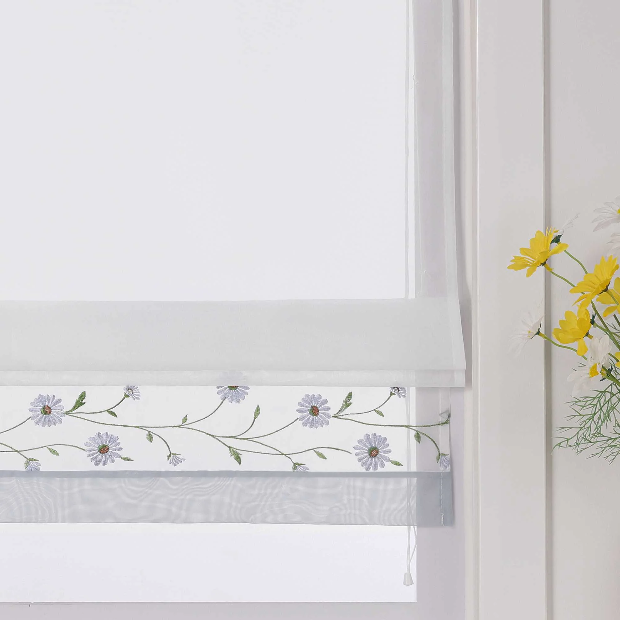 Raffrollo Voile Raffgardinen mit Schlaufen Küche Fenster Vorhänge mit Blumenmuster Stickerei Transparent Weiß 1 Stück