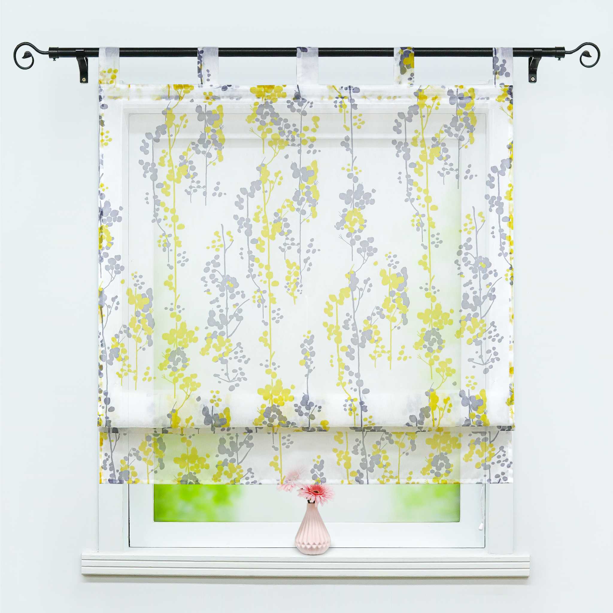 Raffrollo mit Schlaufen Halbtransparent Voile Raffgardine mit Blaubeermuster Modern Küche Gardinen