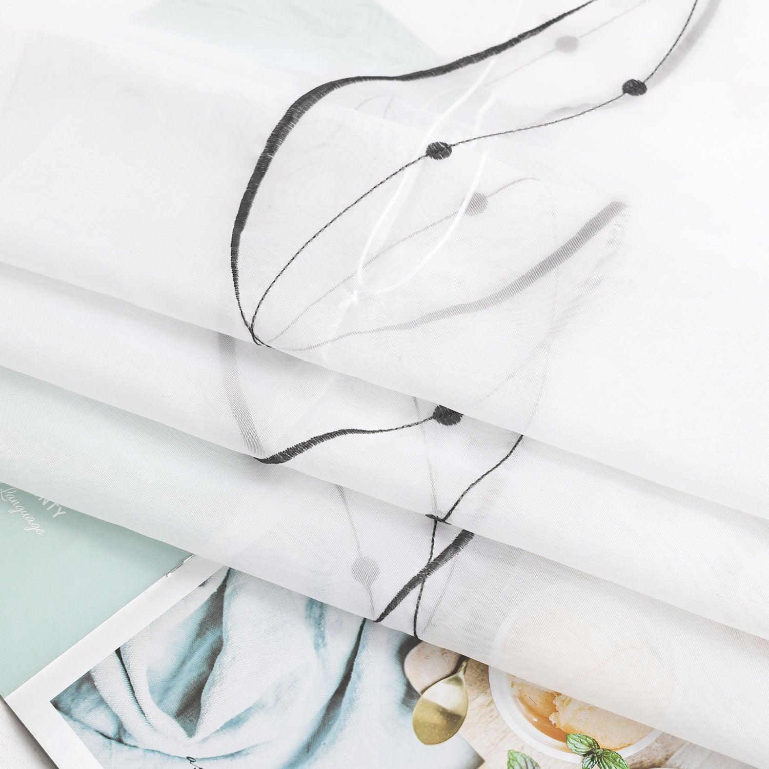 Raffrollo mit Klettband Küche Gardinen Raffgardinen Voile Bändchenrollo mit Wellenperlenmuster Stickerei Transparent 1 Stück