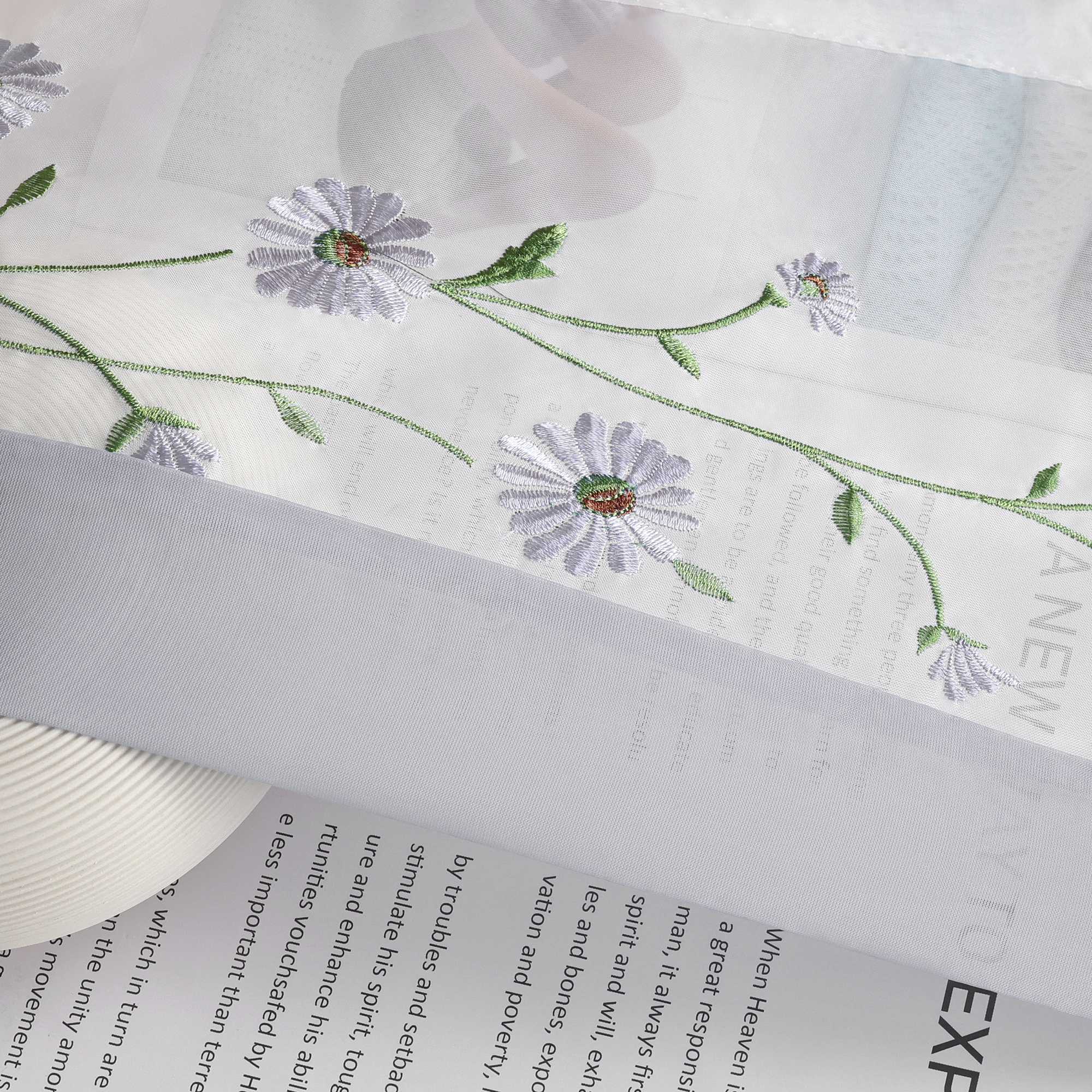 Raffrollo Voile Raffgardinen mit Schlaufen Küche Fenster Vorhänge mit Blumenmuster Stickerei Transparent Weiß 1 Stück