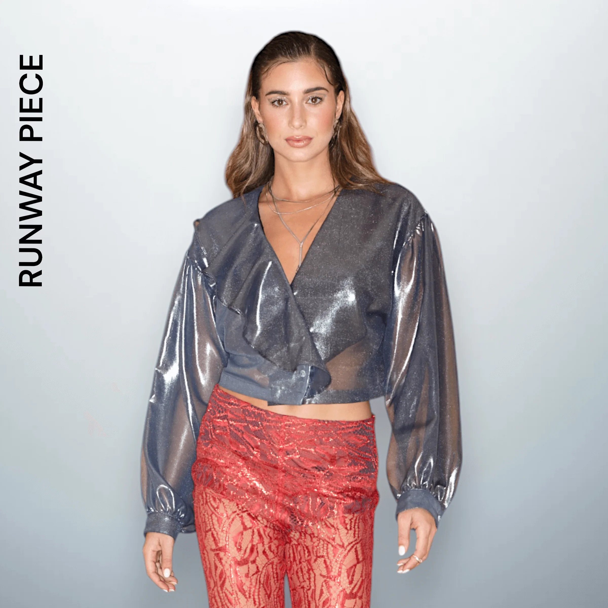V-Neck Blue Metallic Blouse