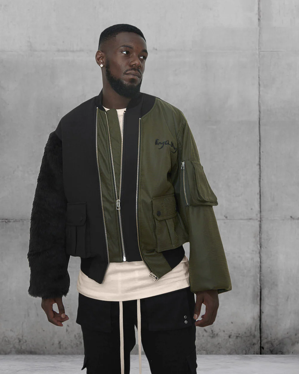Panelled jacket black and green made by Feng Chen Wang
