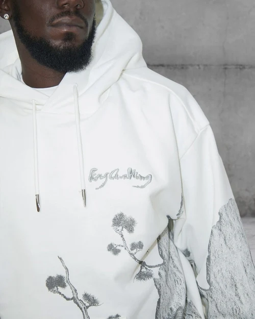 New White Printed Hoodie designed by Feng Chen Wang