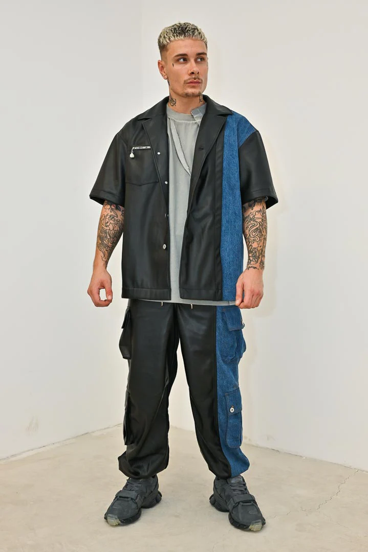 FAUX LEATHER DENIM CARGO PANTS by Feng Chen Wang