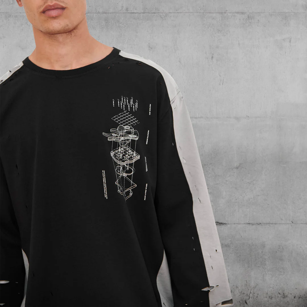 PANELLED DISTRESSED DOUBLE-LAYER  T-SHIRT - C2H4