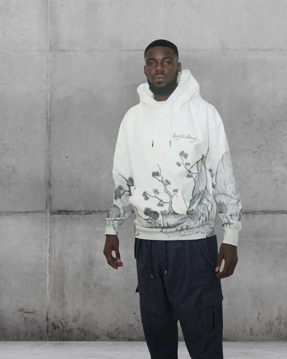New White Printed Hoodie designed by Feng Chen Wang