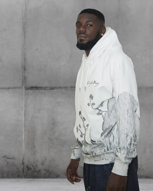 New White Printed Hoodie designed by Feng Chen Wang