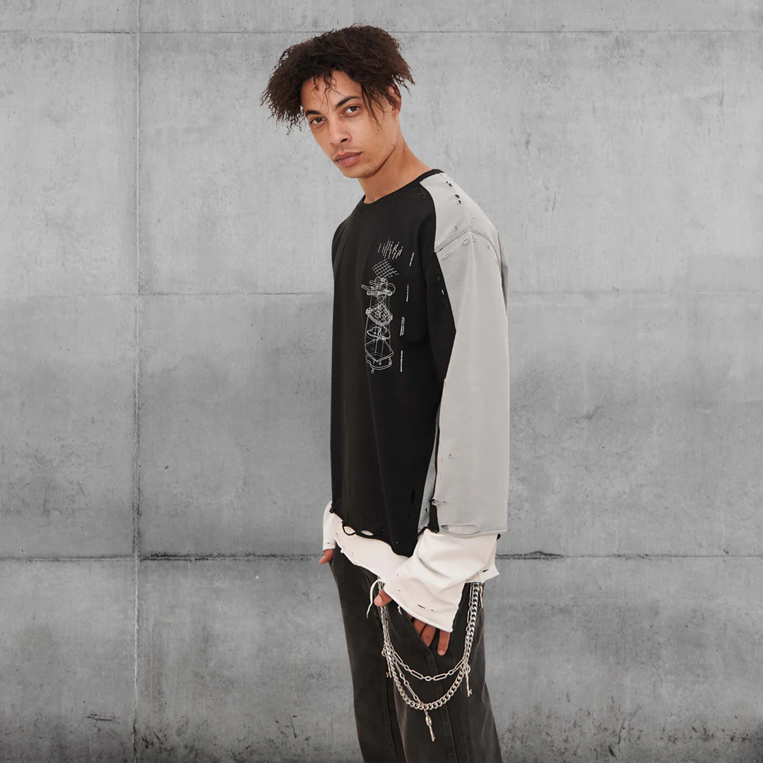 PANELLED DISTRESSED DOUBLE-LAYER  T-SHIRT - C2H4