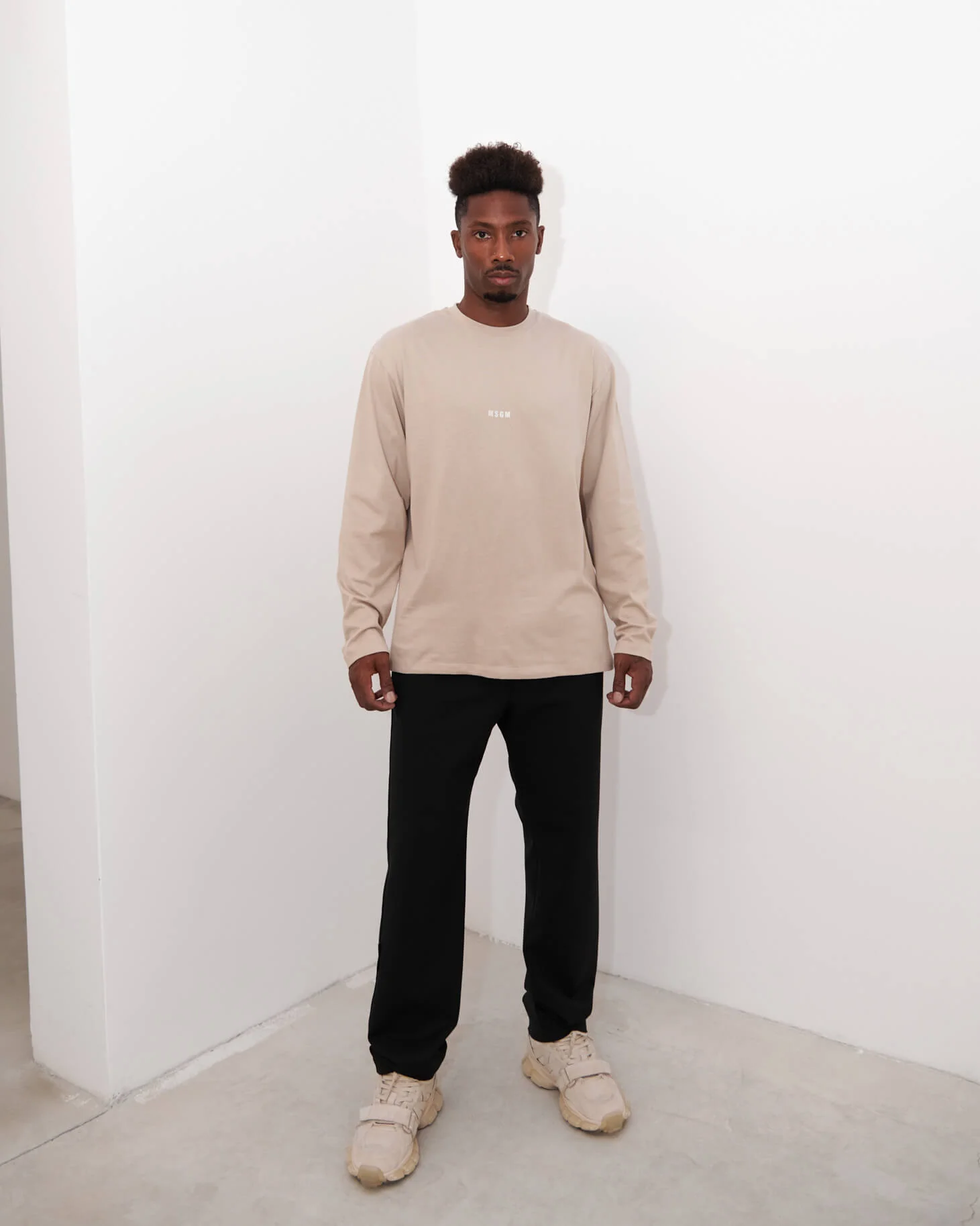 Solid colour cotton round neck T-shirt long sleeve beige by MSGM