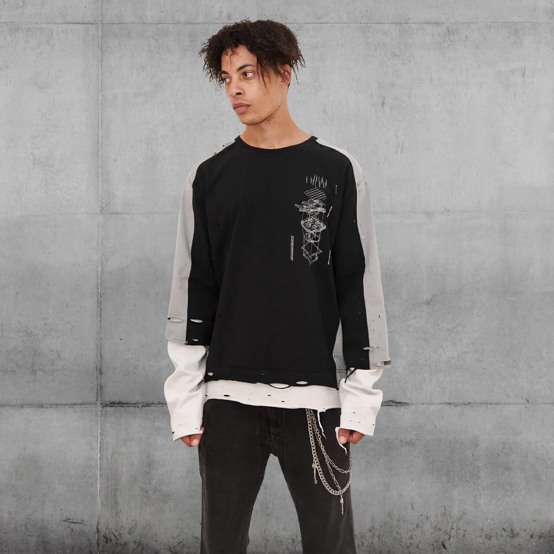PANELLED DISTRESSED DOUBLE-LAYER T-SHIRT - C2H4