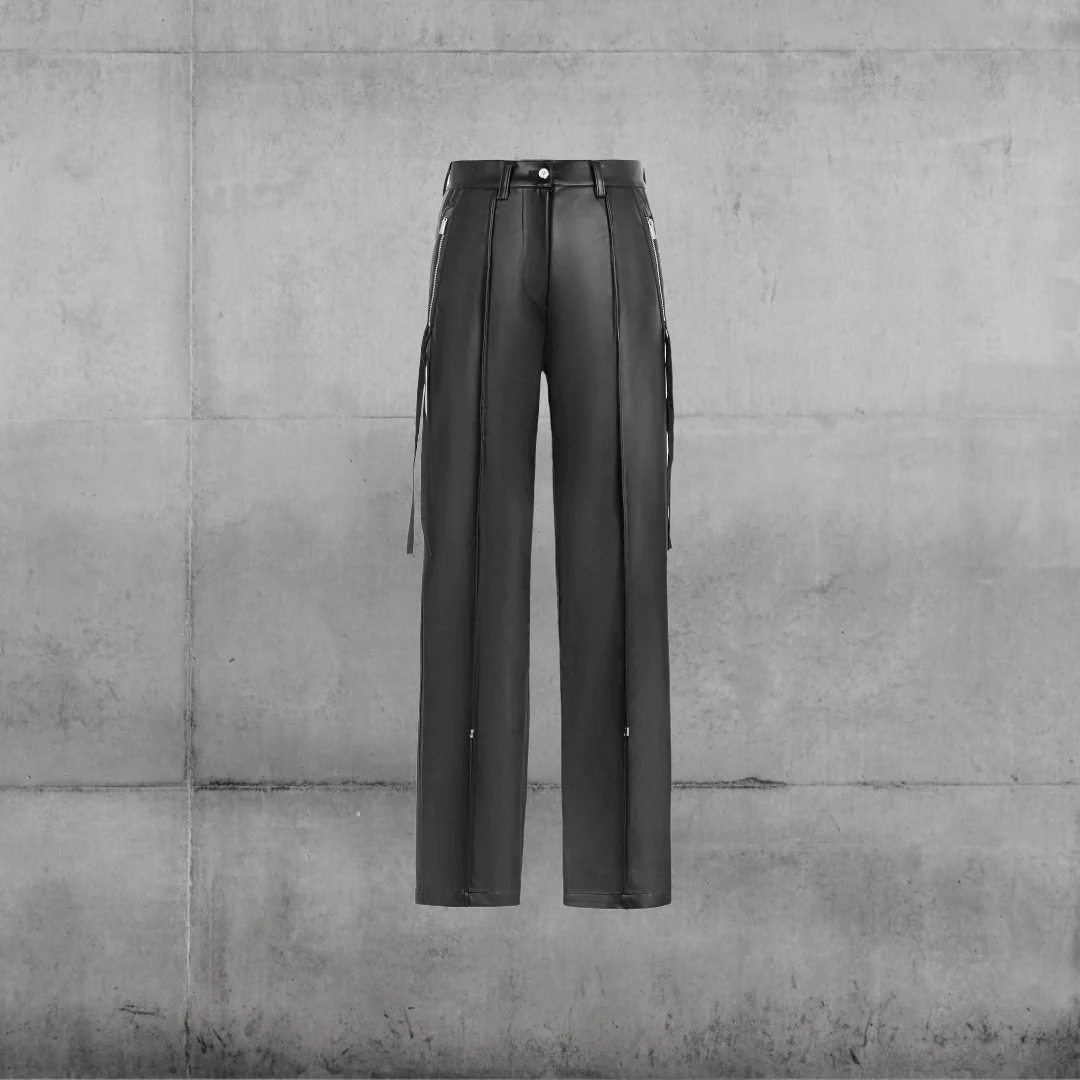 Faux-Leather Flared Strap Pants