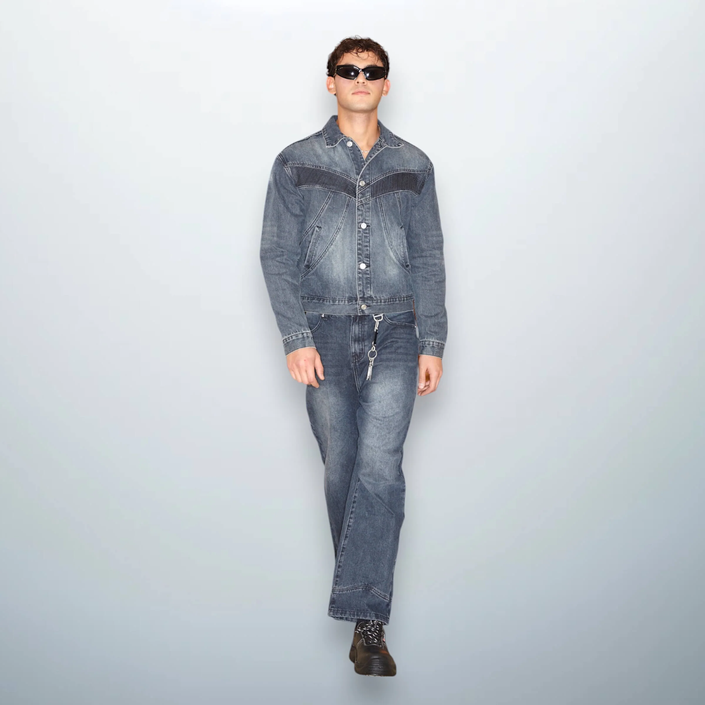 Denim Jacket with Leather Panel