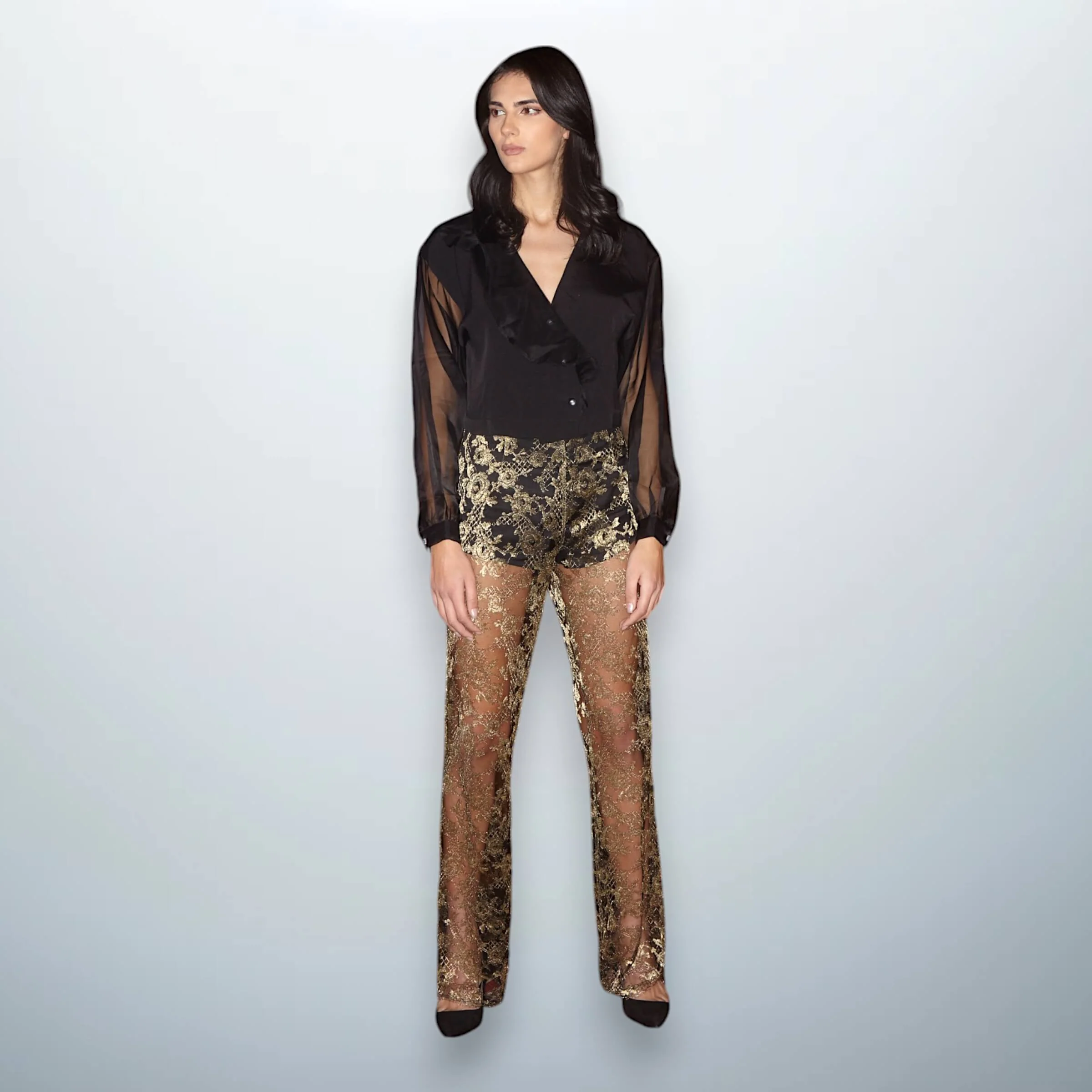 High-Waisted Gold Lace Trousers