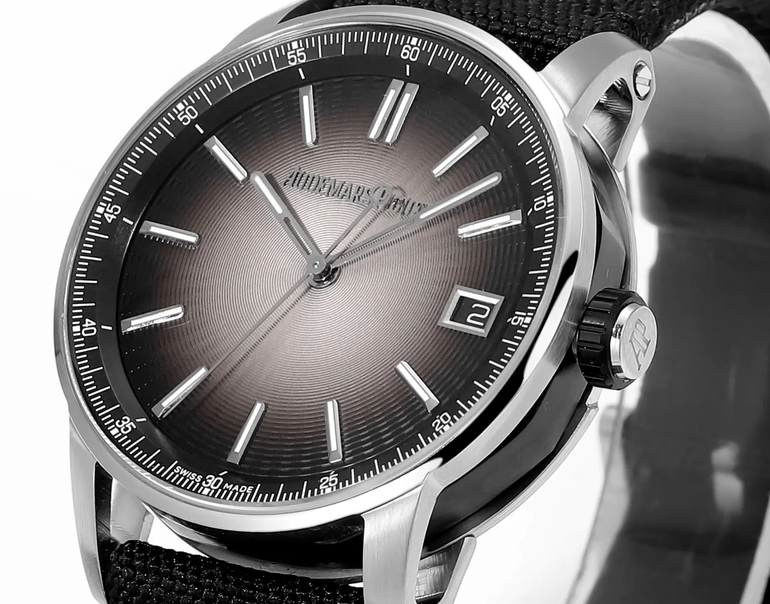 watch Audemars Pigeut CODE 11.59 Smoke Grey Dial Stainless Steel Case Black Fabric Strap Automatic Watch 41mm