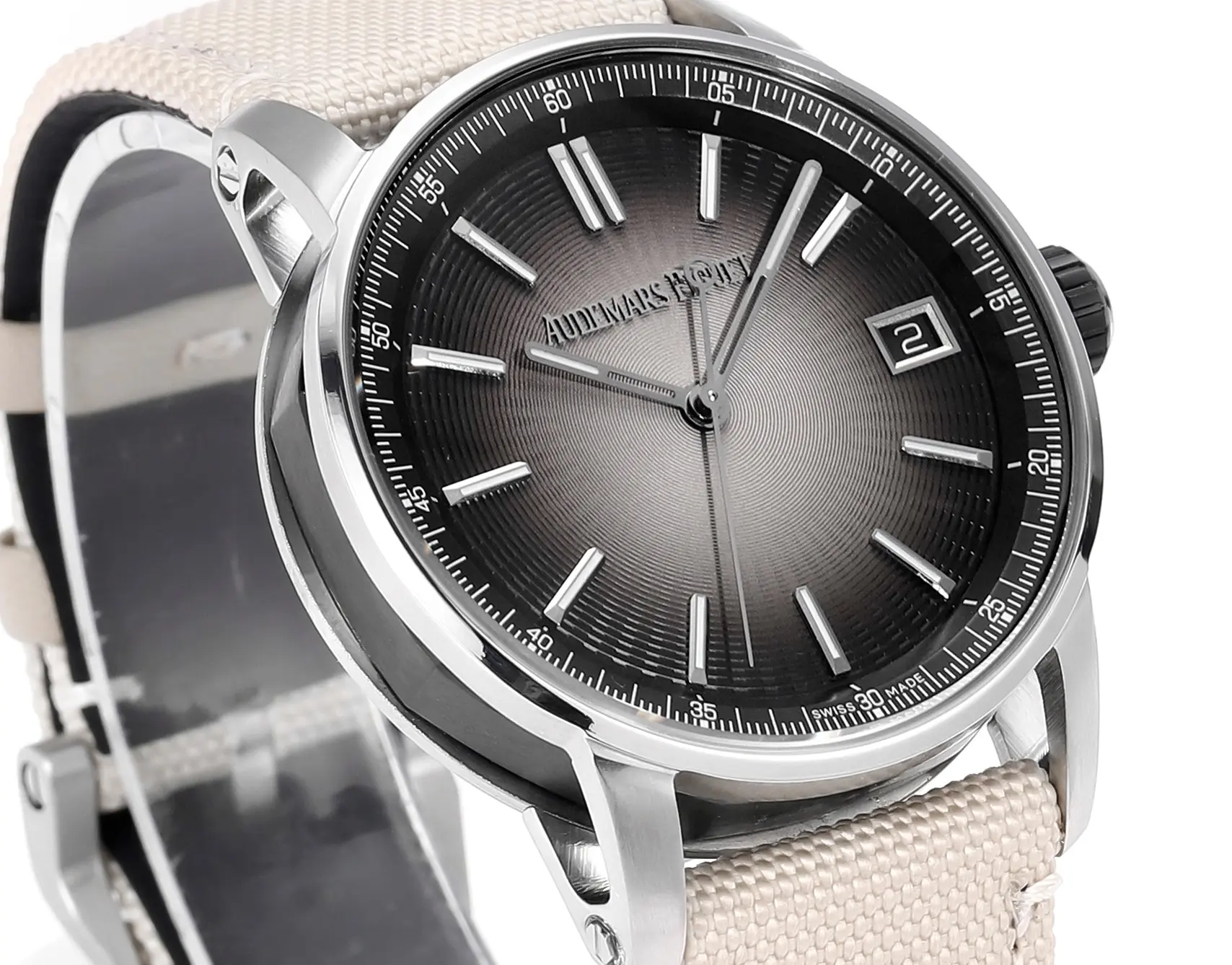 watch Audemars Piguet CODE 11.59 Stainless Steel Watch with Smoked Dial and Beige Fabric Strap, 41mm