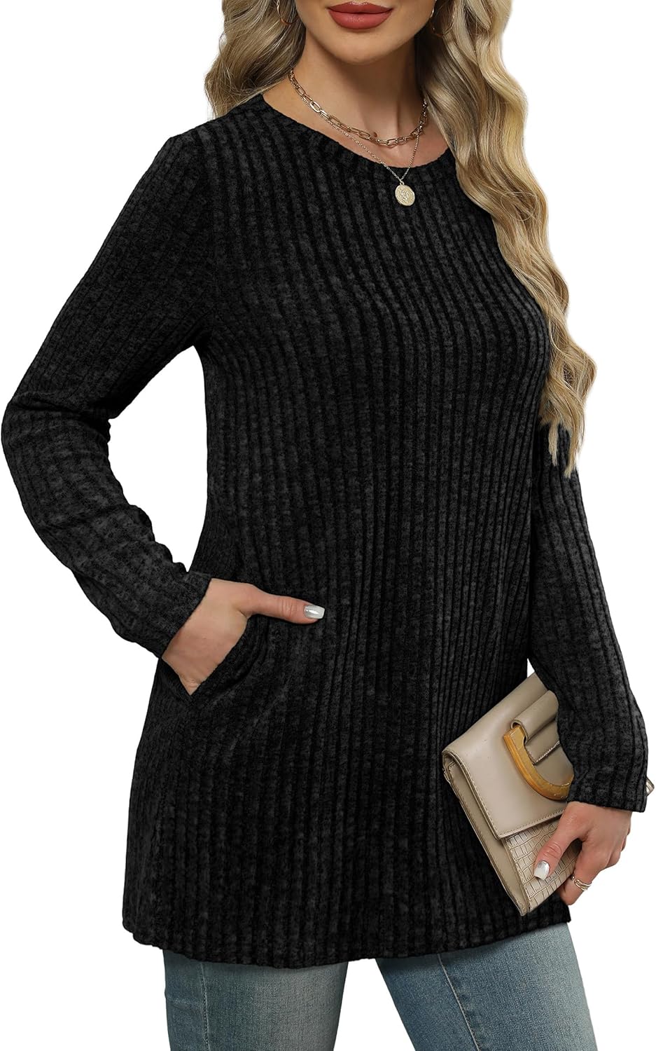 XIEERDUO Women’s Long-Sleeve Crewneck Tunic Tops Loose-Fit Sweaters with Pockets Fall Fashion 2025