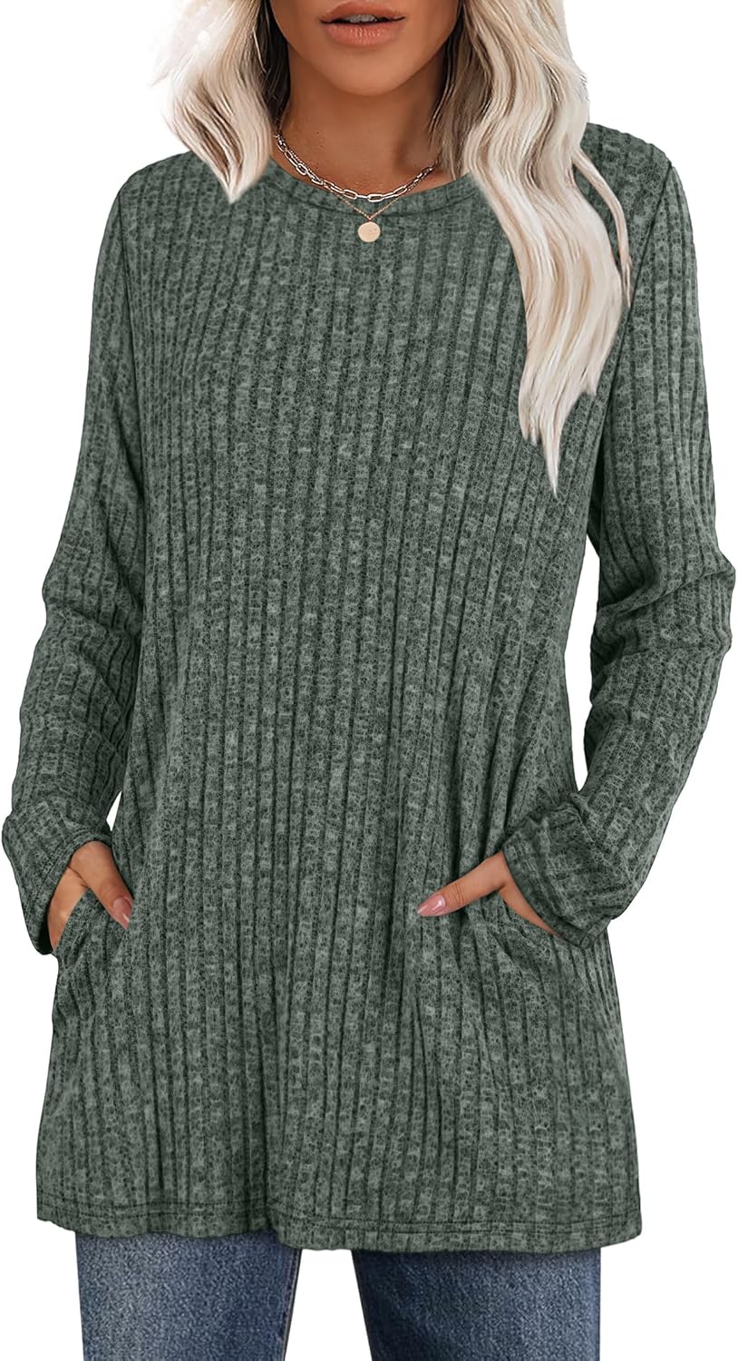 XIEERDUO Women’s Long-Sleeve Crewneck Tunic Tops Loose-Fit Sweaters with Pockets Fall Fashion 2025