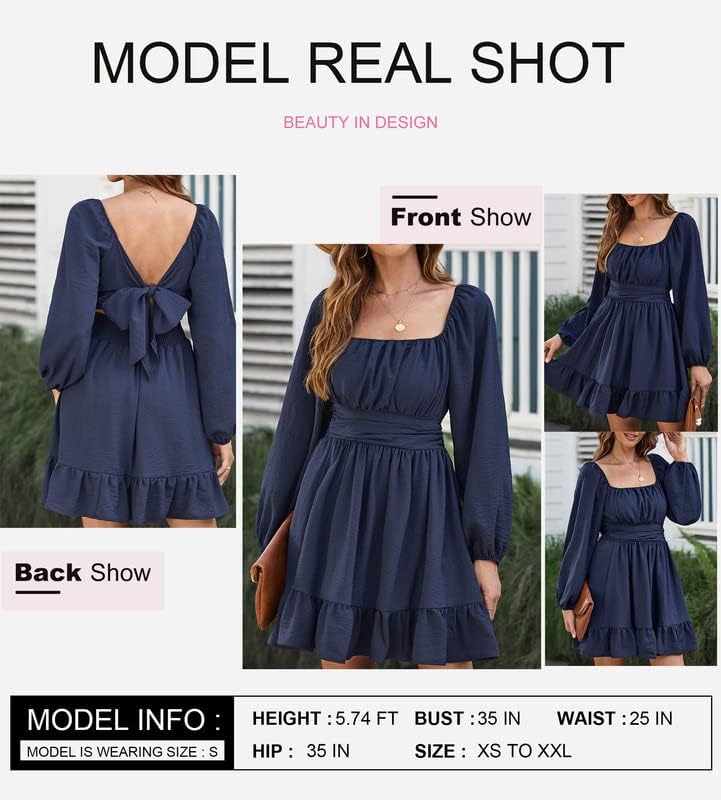 Dokotoo Women’s Long-Sleeve Lantern Dress Square Neck Tie-Back Ruffle A-Line Mini Dress with Elastic Waist, Sexy and Elegant