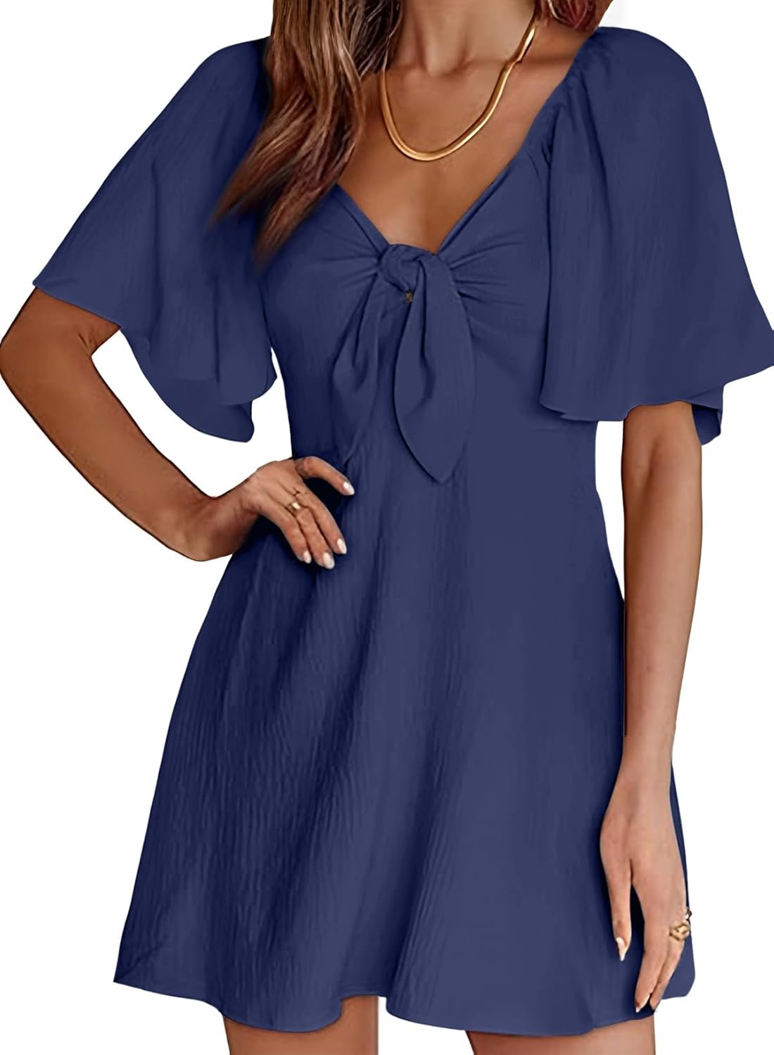 Dokotoo Women’s 2025 Summer & Fall Deep V-Neck Mini Dress with Elegant Bow Tie, Available in Sizes S–XL
