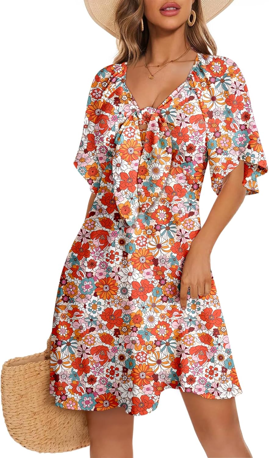 Dokotoo Women’s 2025 Summer & Fall Deep V-Neck Mini Dress with Elegant Bow Tie, Available in Sizes S–XL