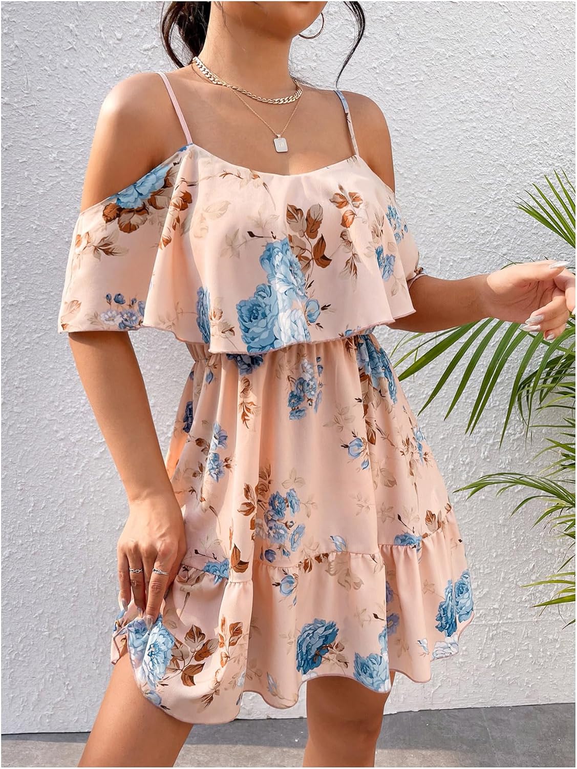 SOLY HUX Women’s Boho Floral Print Cold-Shoulder Dress Short-Sleeve Ruffle A-Line Mini Dress Elegant Vacation Wear