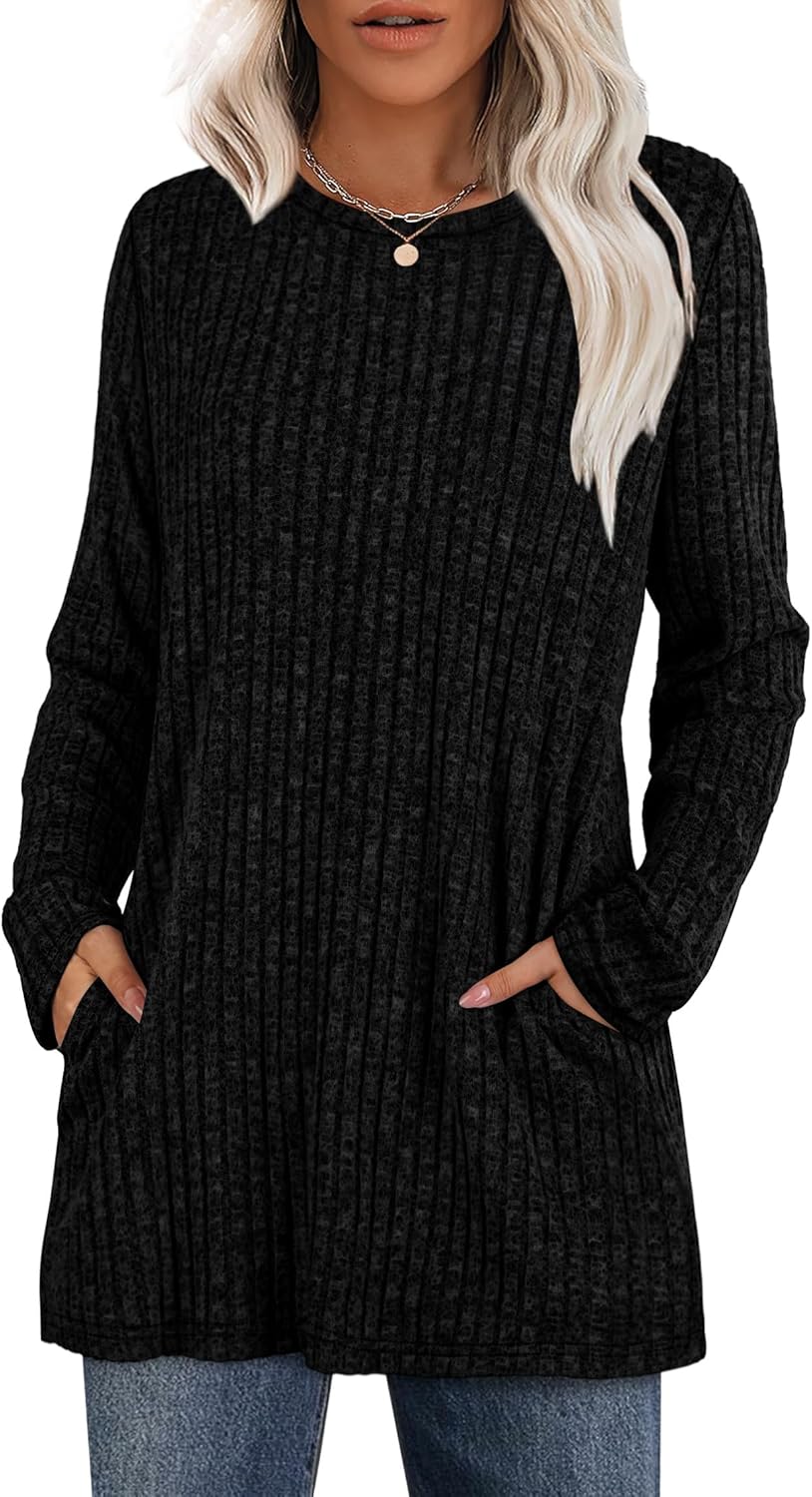 XIEERDUO Women’s Long-Sleeve Crewneck Tunic Tops Loose-Fit Sweaters with Pockets Fall Fashion 2025