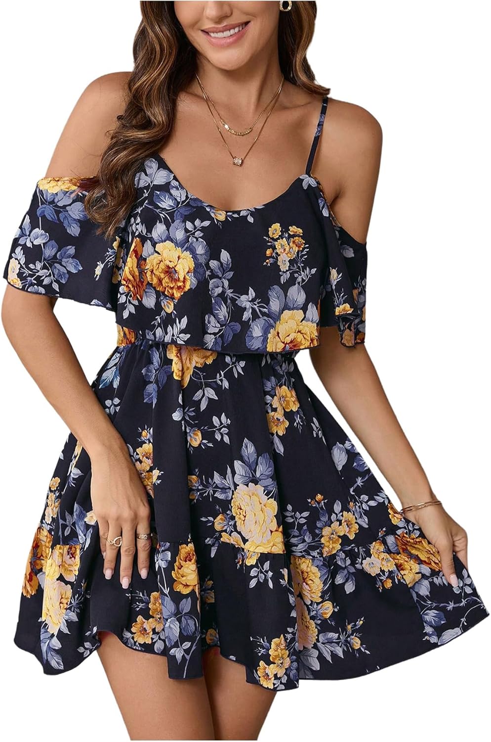 SOLY HUX Women’s Boho Floral Print Cold-Shoulder Dress Short-Sleeve Ruffle A-Line Mini Dress Elegant Vacation Wear
