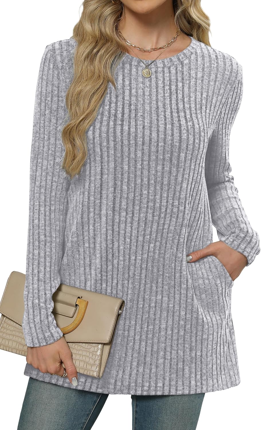 XIEERDUO Women’s Long-Sleeve Crewneck Tunic Tops Loose-Fit Sweaters with Pockets Fall Fashion 2025